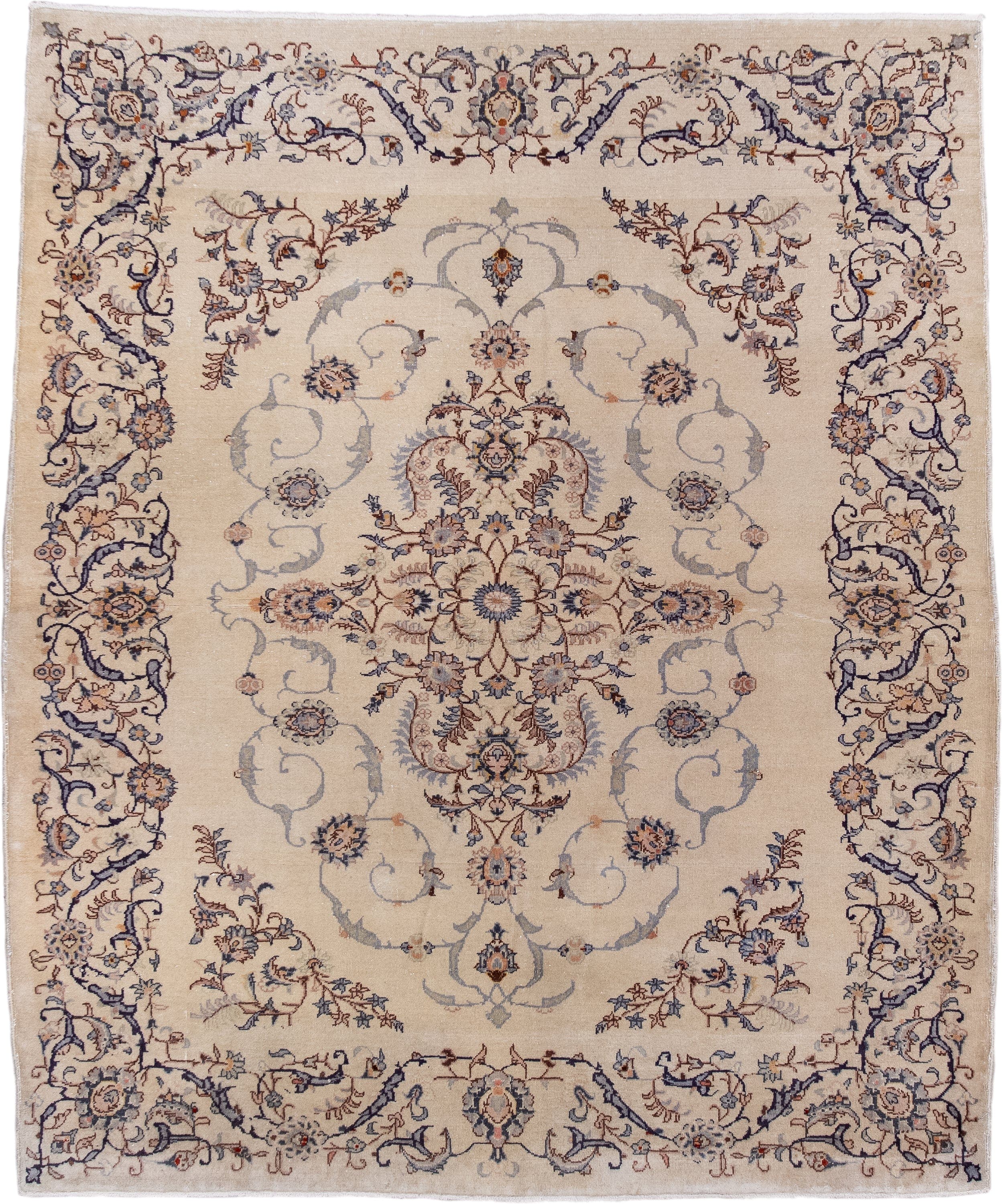 4' x 5' one-of-a-kind handmade antique Sivas small size rug. Color palette: ivory, slate, navy, taupe, rust, camel, gray