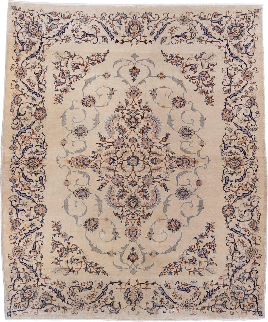 4' x 5' one-of-a-kind handmade antique Sivas small size rug. Color palette: ivory, slate, navy, taupe, rust, camel, gray