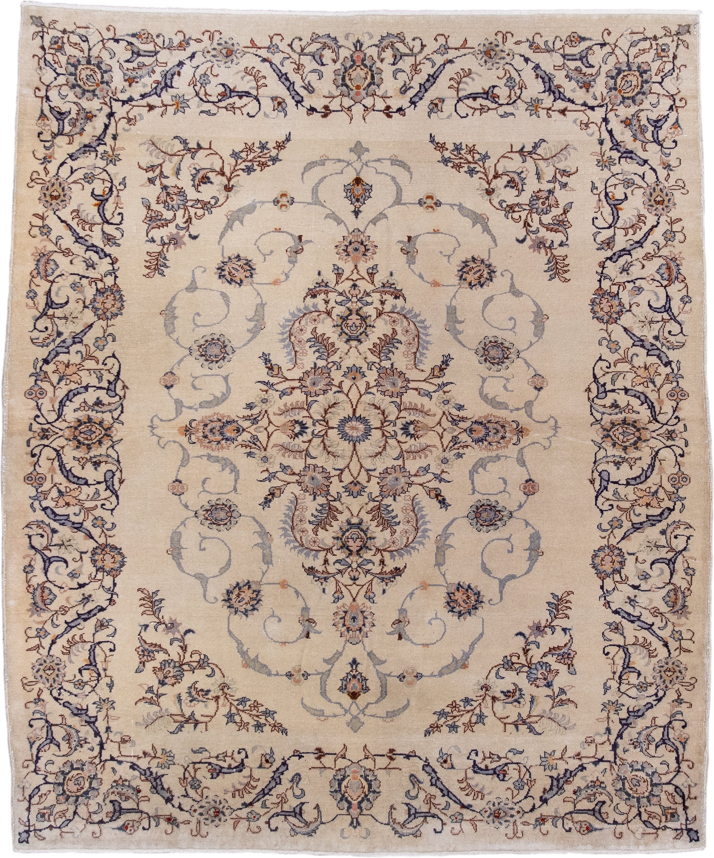 4' x 5' one-of-a-kind handmade antique Sivas small size rug. Color palette: ivory, slate, navy, taupe, rust, camel, gray