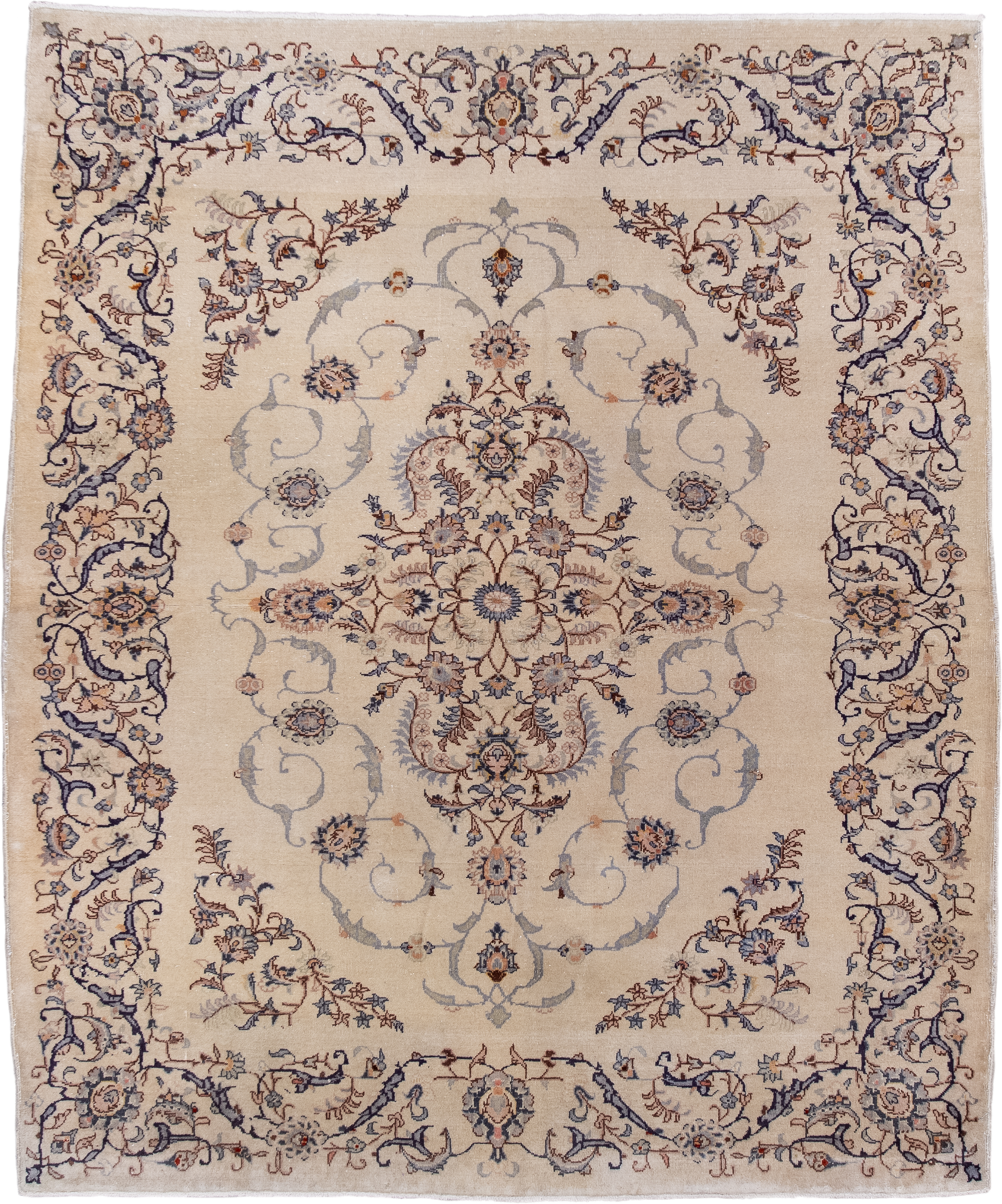 4' x 5' one-of-a-kind handmade antique Sivas small size rug. Color palette: ivory, slate, navy, taupe, rust, camel, gray