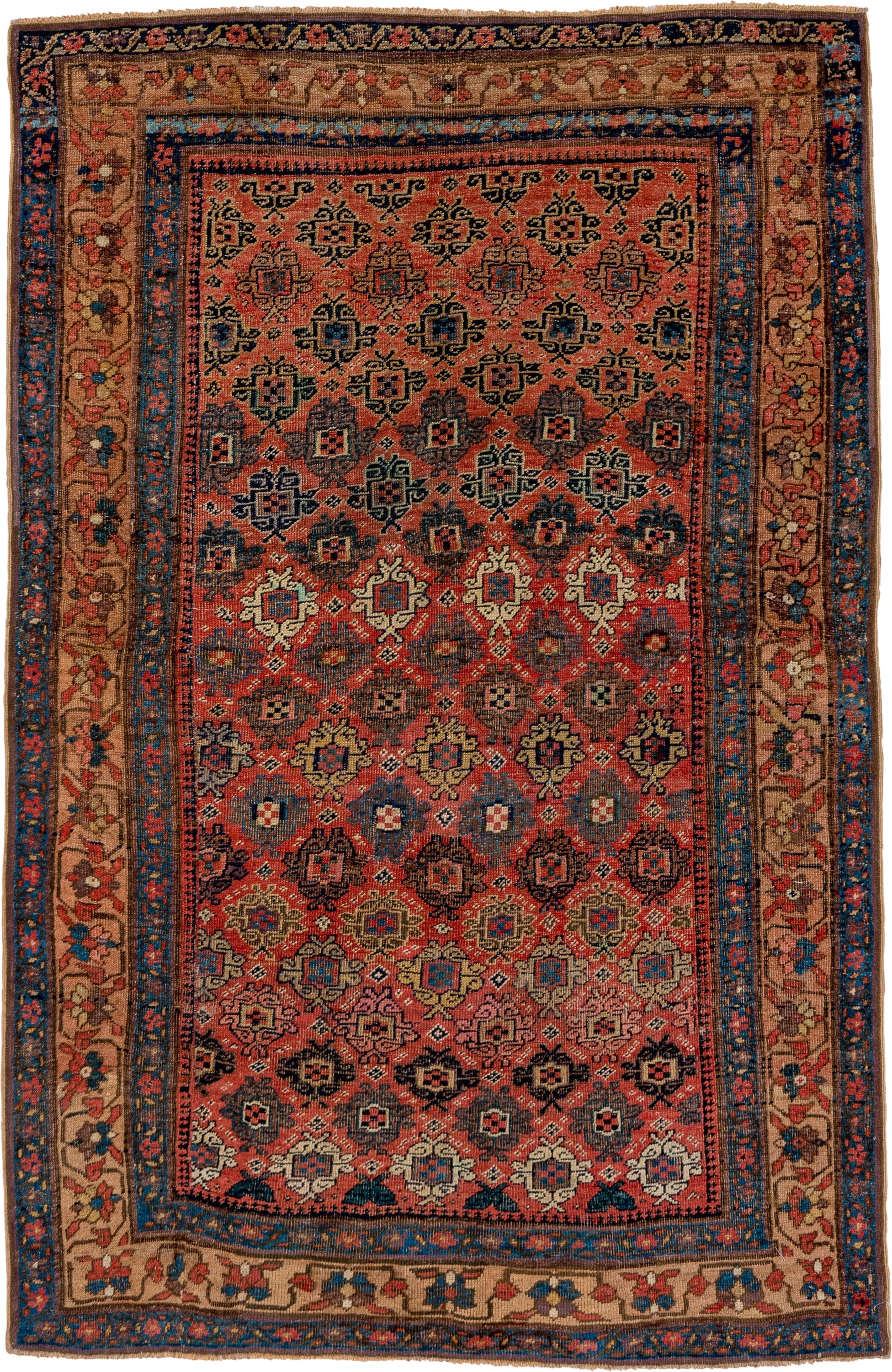 4' x 7' one-of-a-kind handmade vintage Bidjar rug. Color palette: rust, navy, ivory, blue, camel, crimson, charcoal, gold