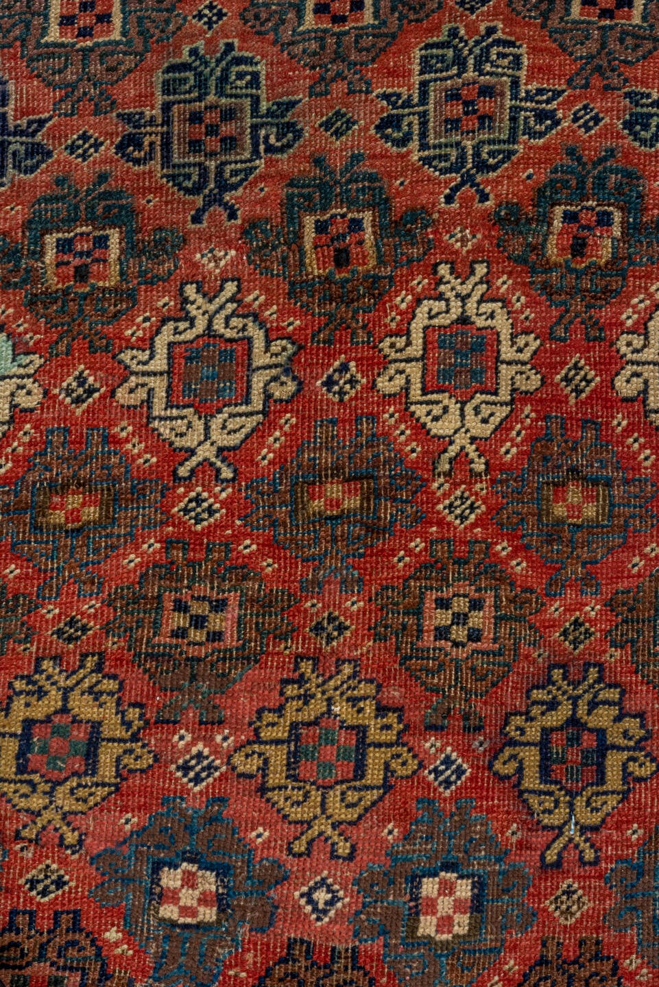 4' x 7' one-of-a-kind handmade vintage Bidjar rug. Color palette: rust, navy, ivory, blue, camel, crimson, charcoal, gold