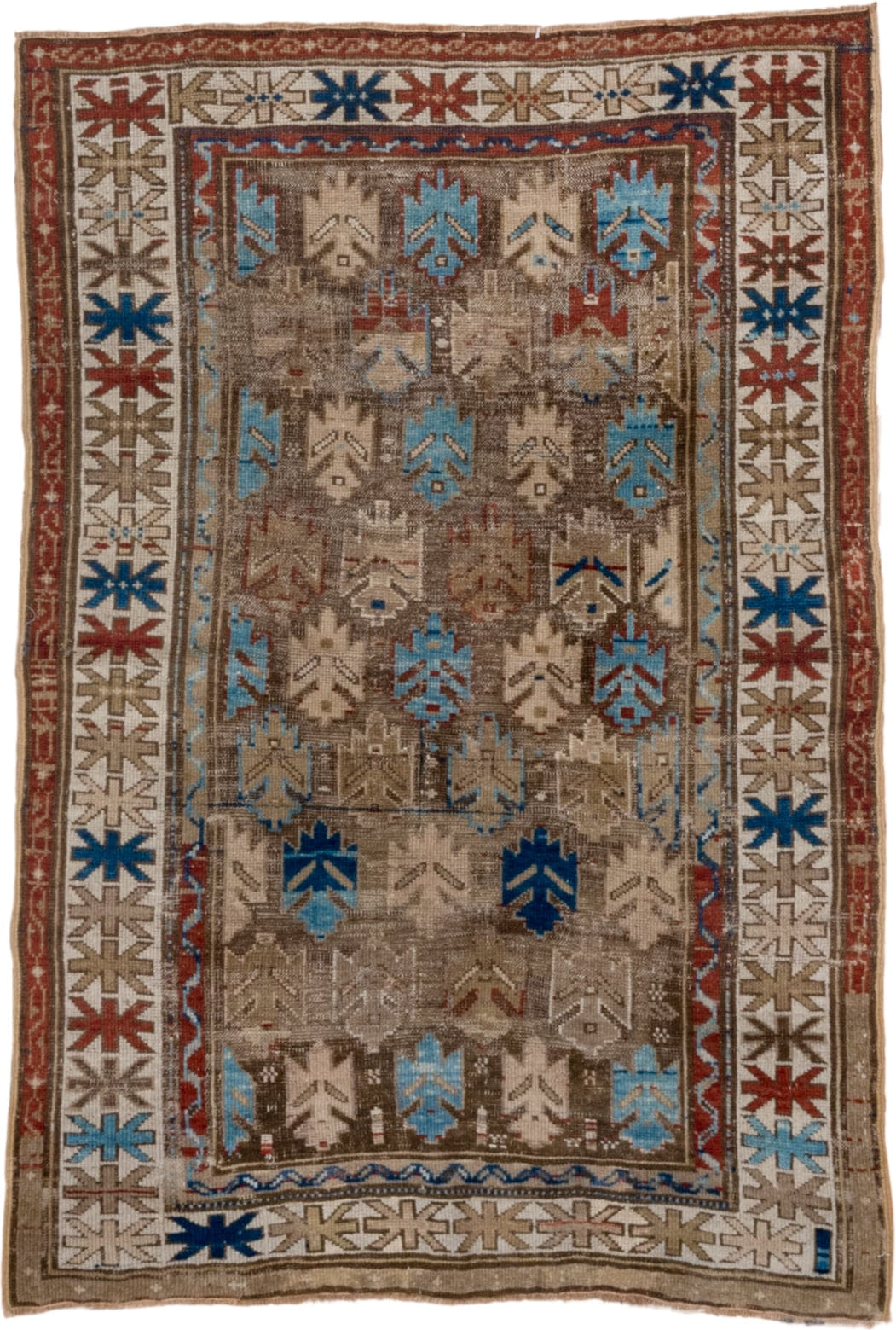 3' x 4' one-of-a-kind handmade vintage Caucasian small size rug. Color palette: taupe, ivory, sky_blue, rust, camel, navy