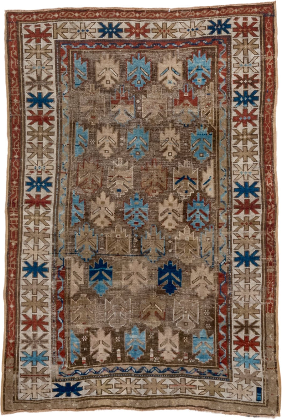 3' x 4' one-of-a-kind handmade vintage Caucasian small size rug. Color palette: taupe, ivory, sky_blue, rust, camel, navy