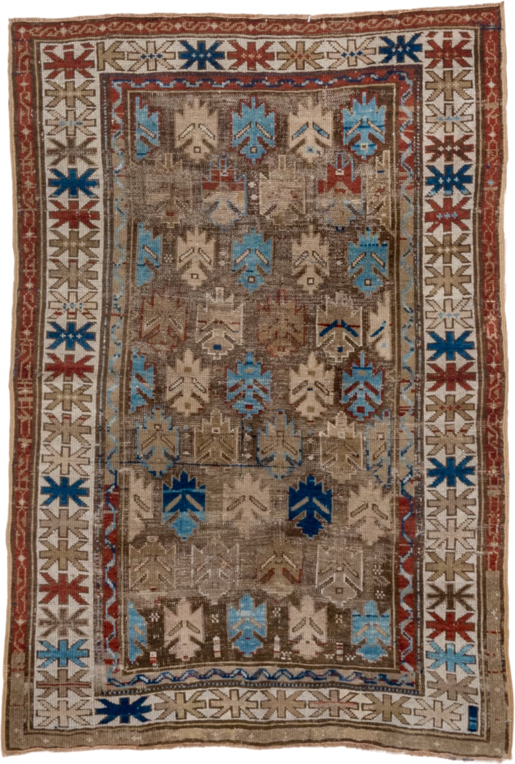 3' x 4' one-of-a-kind handmade vintage Caucasian small size rug. Color palette: taupe, ivory, sky_blue, rust, camel, navy
