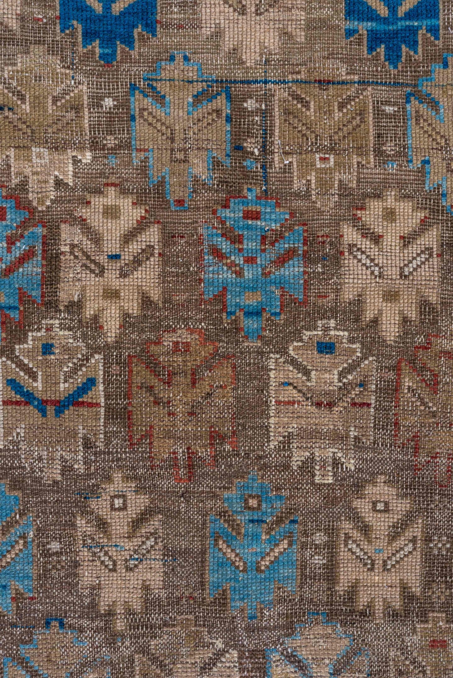 3' x 4' one-of-a-kind handmade vintage Caucasian small size rug. Color palette: taupe, ivory, sky_blue, rust, camel, navy