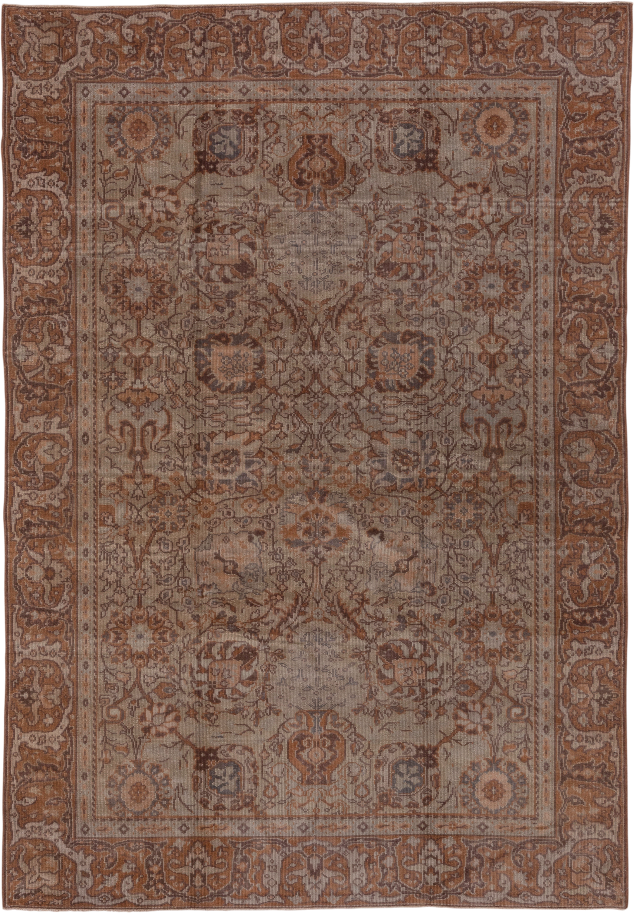 6' x 9' one-of-a-kind handmade antique Sivas medium size rug. Color palette: ivory, rust, taupe, camel, slate, brown