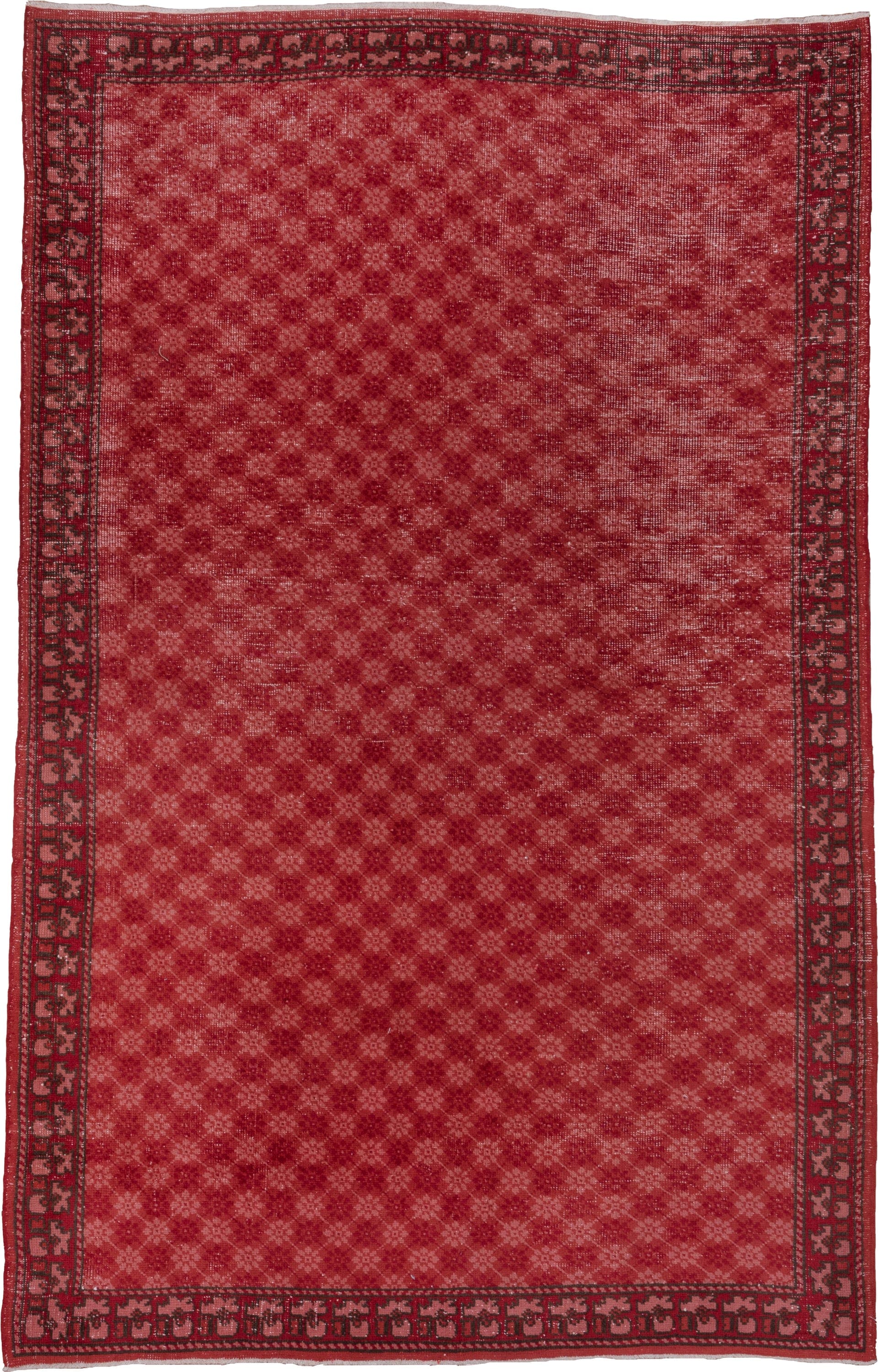 6' x 9' one-of-a-kind handmade antique Oushak medium size rug. Color palette: red, crimson, rose, burgundy, charcoal, pink