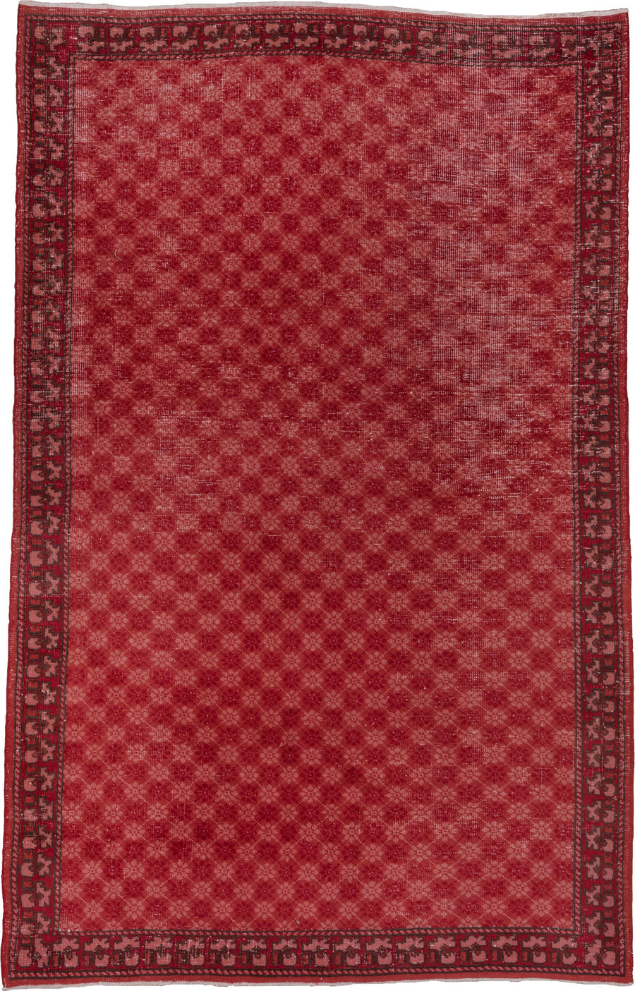 6' x 9' one-of-a-kind handmade antique Oushak medium size rug. Color palette: red, crimson, rose, burgundy, charcoal, pink