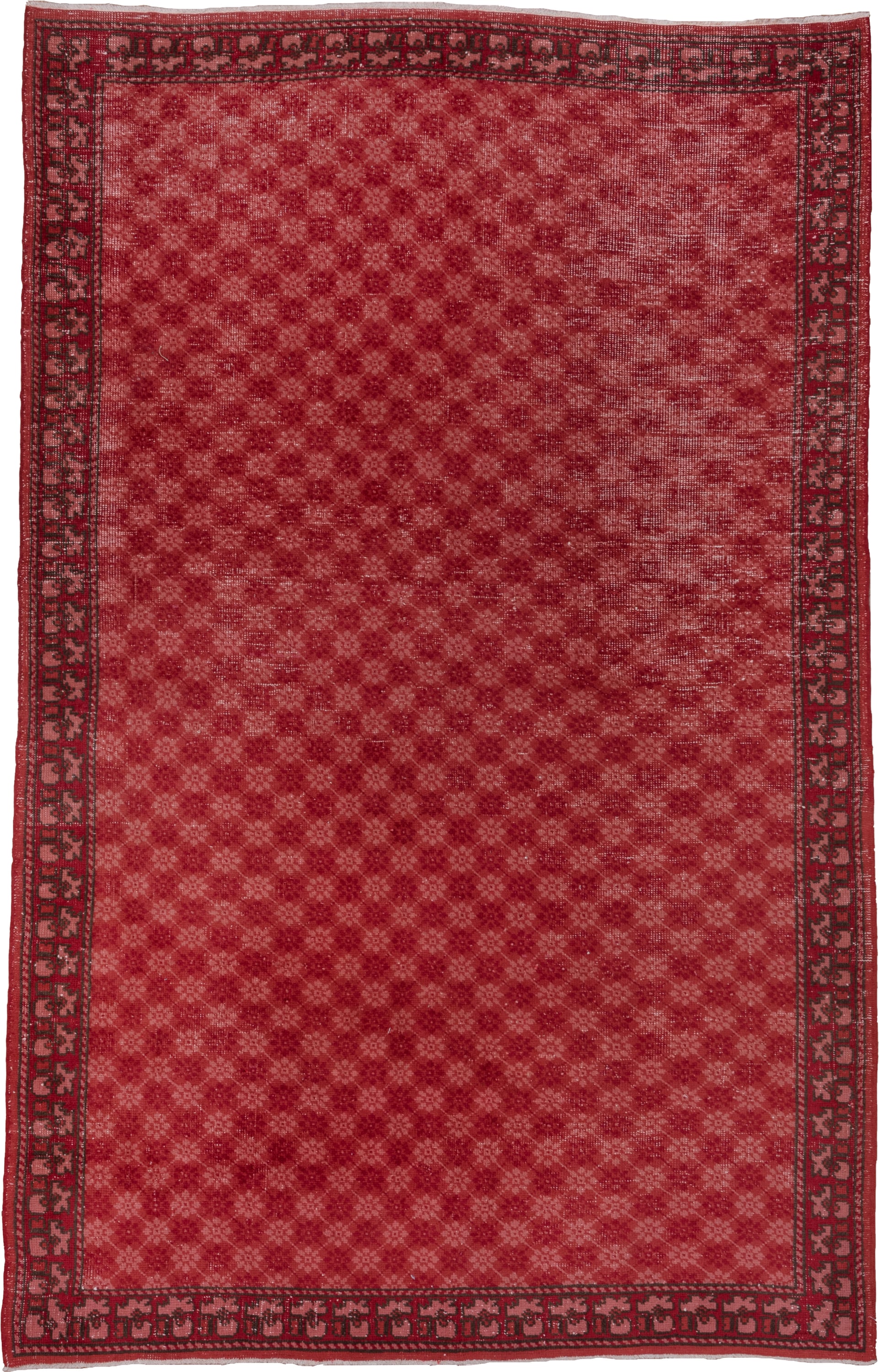 6' x 9' one-of-a-kind handmade antique Oushak medium size rug. Color palette: red, crimson, rose, burgundy, charcoal, pink