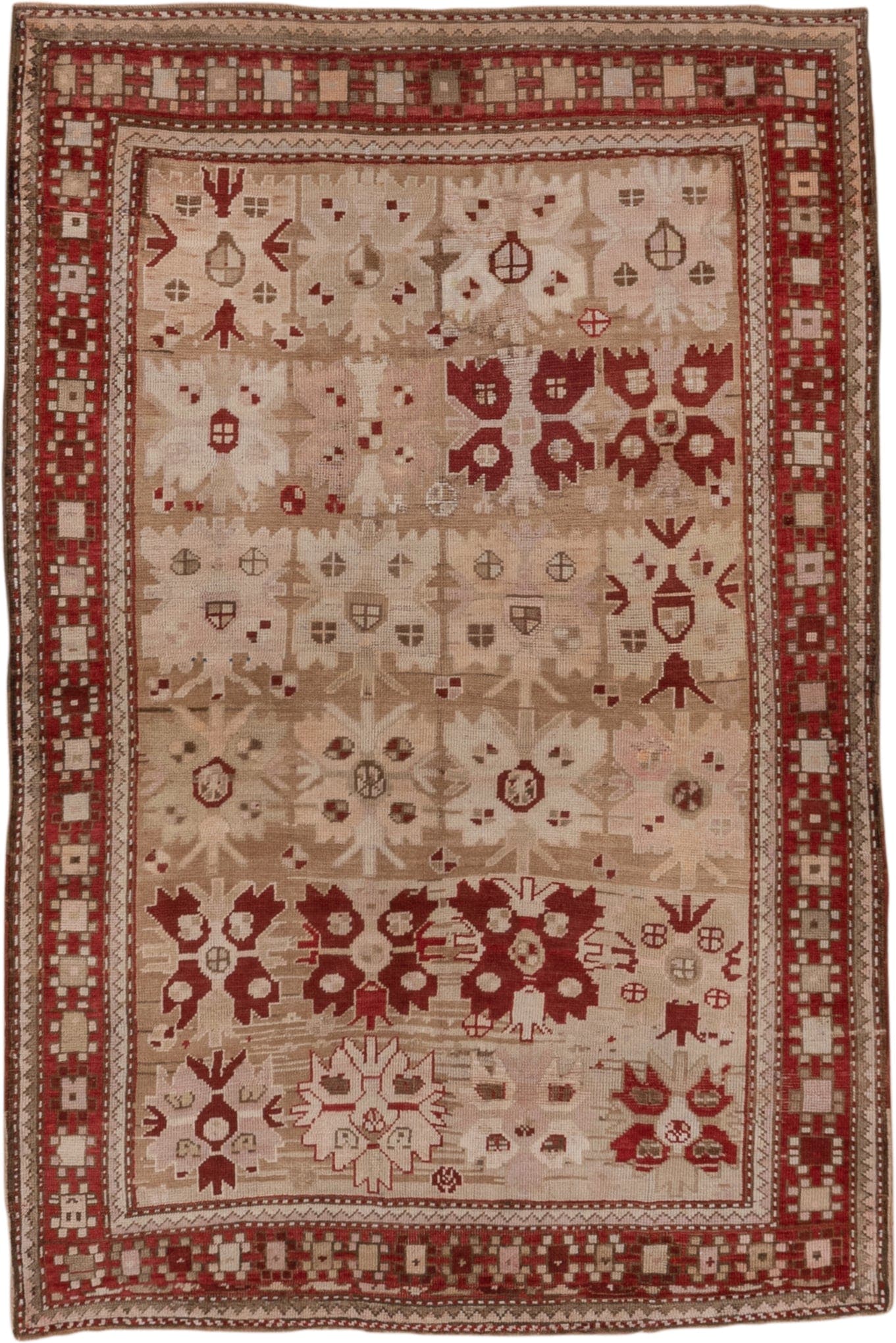 4' x 6' one-of-a-kind handmade antique Caucasian small size rug. Color palette: ivory, rust, beige, camel, taupe, sienna