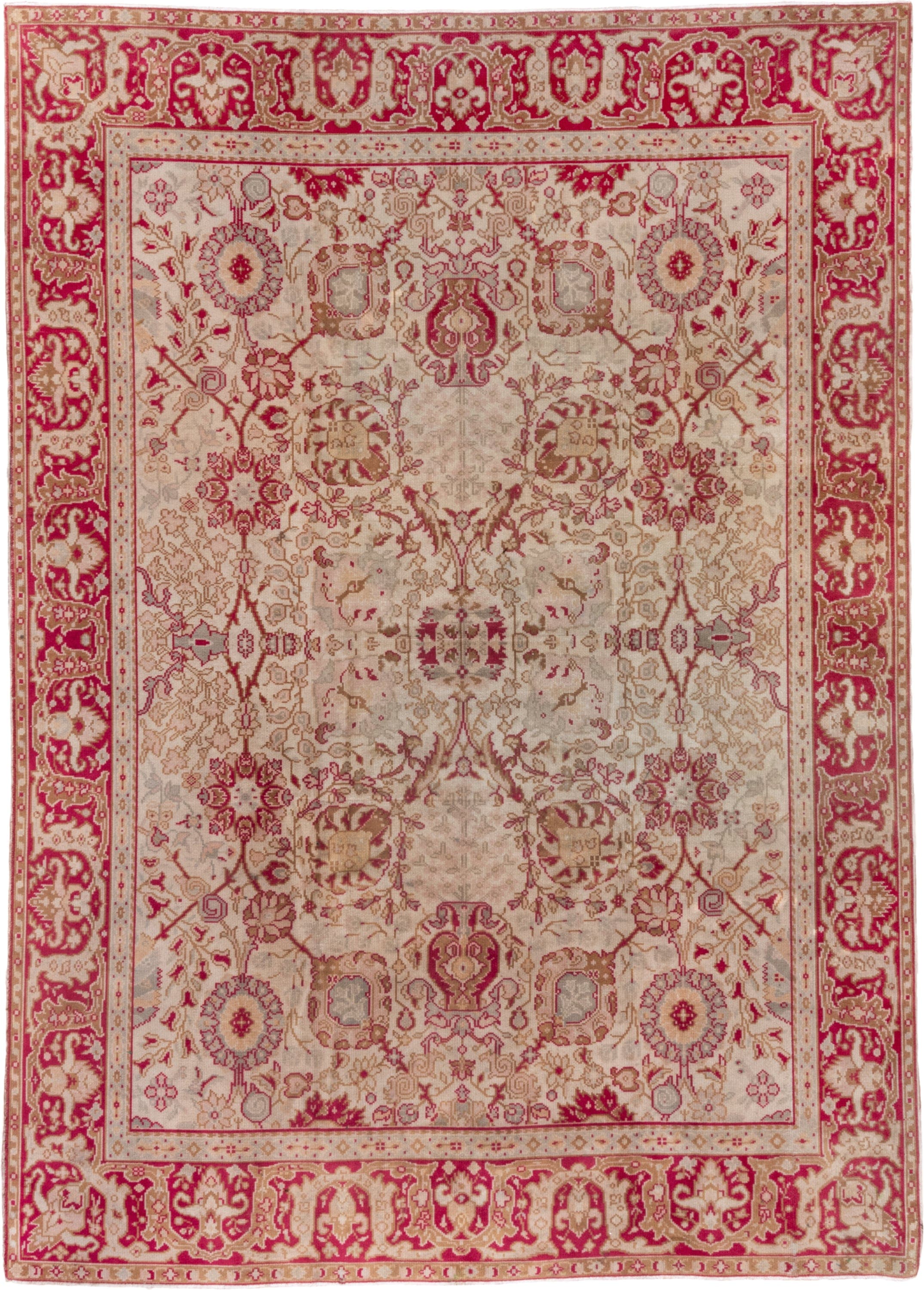 7' x 10' one-of-a-kind handmade antique Oushak large size rug. Color palette: ivory, raspberry, beige, rose, taupe, camel