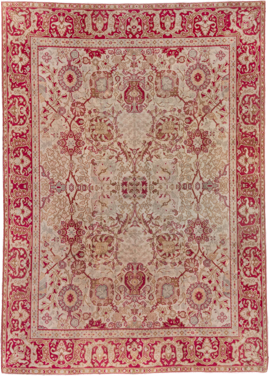 7' x 10' one-of-a-kind handmade antique Oushak large size rug. Color palette: ivory, raspberry, beige, rose, taupe, camel