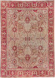 7' x 10' one-of-a-kind handmade antique Oushak large size rug. Color palette: ivory, raspberry, beige, rose, taupe, camel