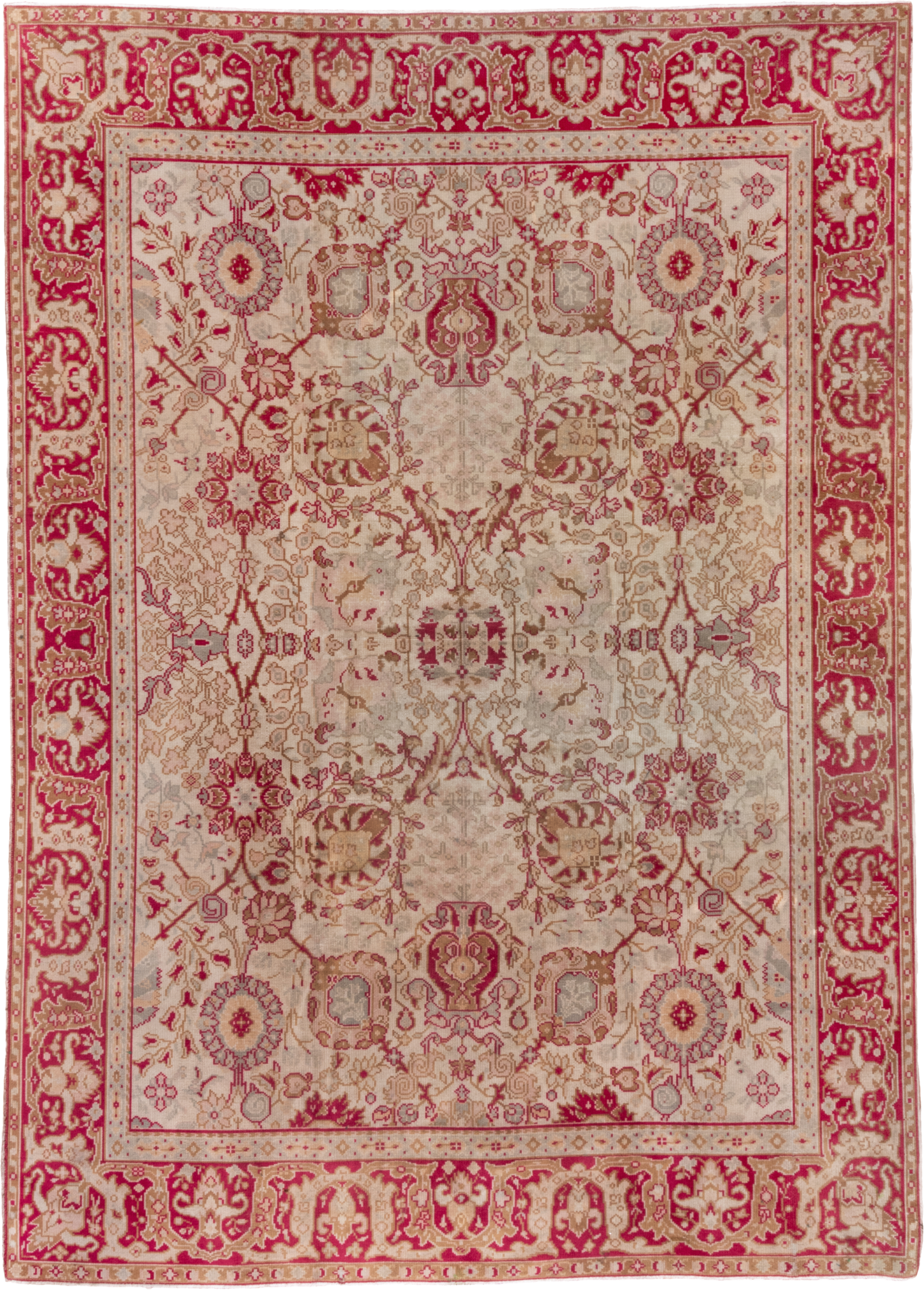 7' x 10' one-of-a-kind handmade antique Oushak large size rug. Color palette: ivory, raspberry, beige, rose, taupe, camel