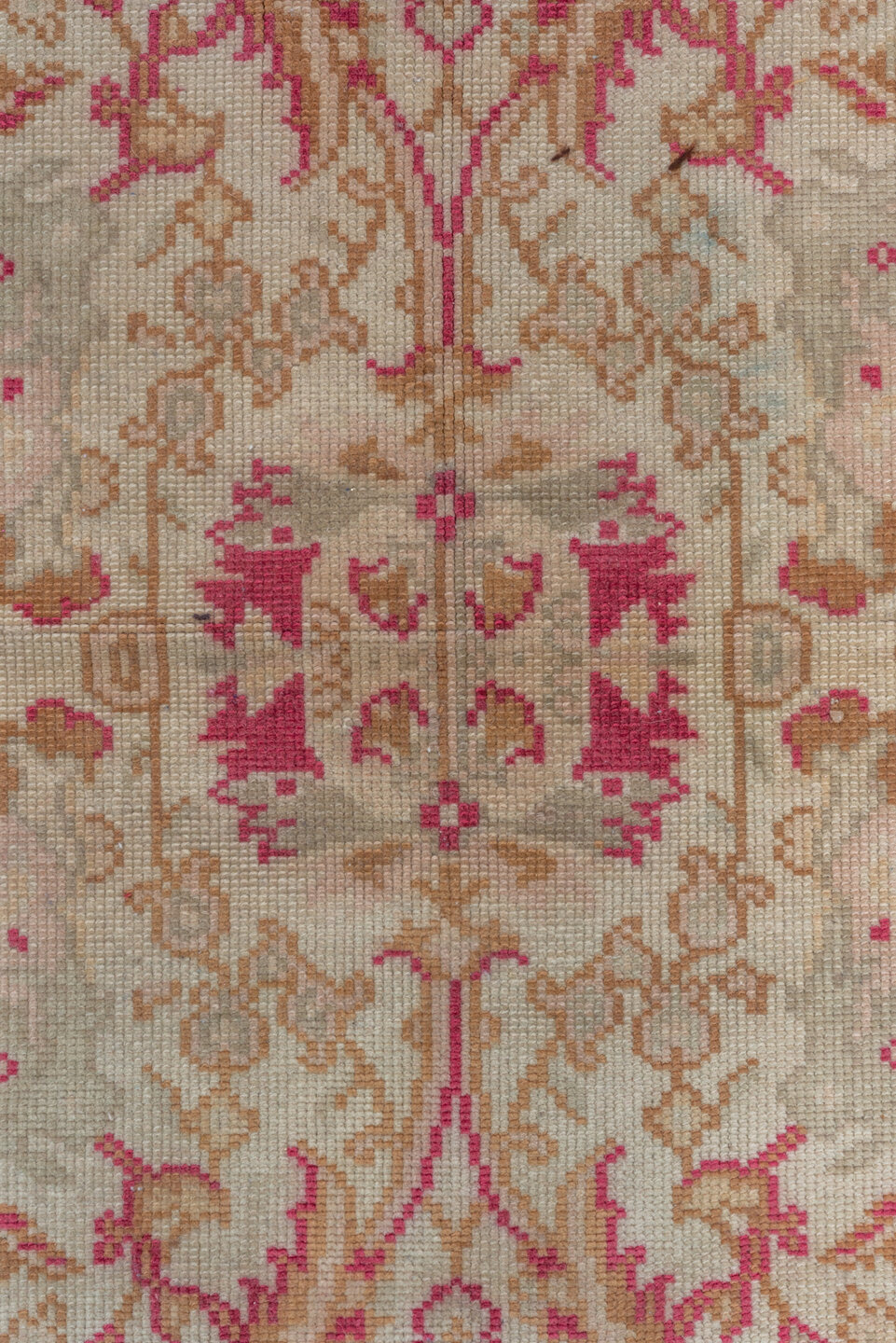 7' x 10' one-of-a-kind handmade antique Oushak large size rug. Color palette: ivory, raspberry, beige, rose, taupe, camel