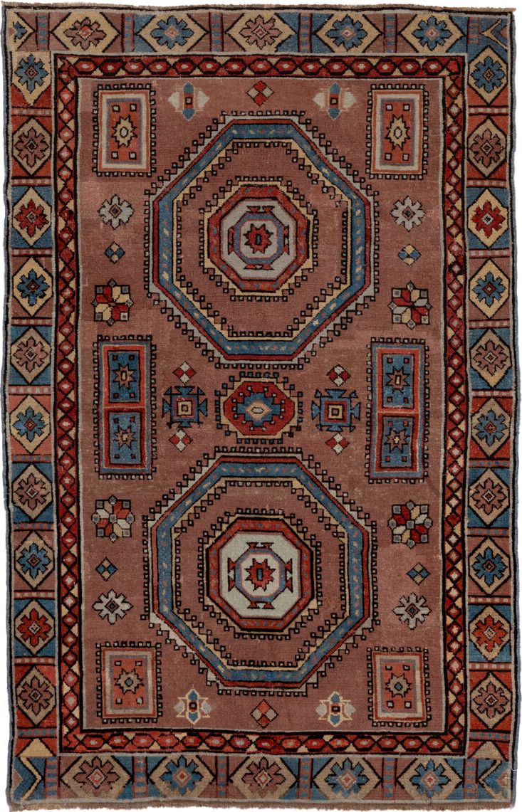 3' x 5' one-of-a-kind handmade antique Caucasian small size rug. Color palette: rose, ivory, sky_blue, rust, slate_blue