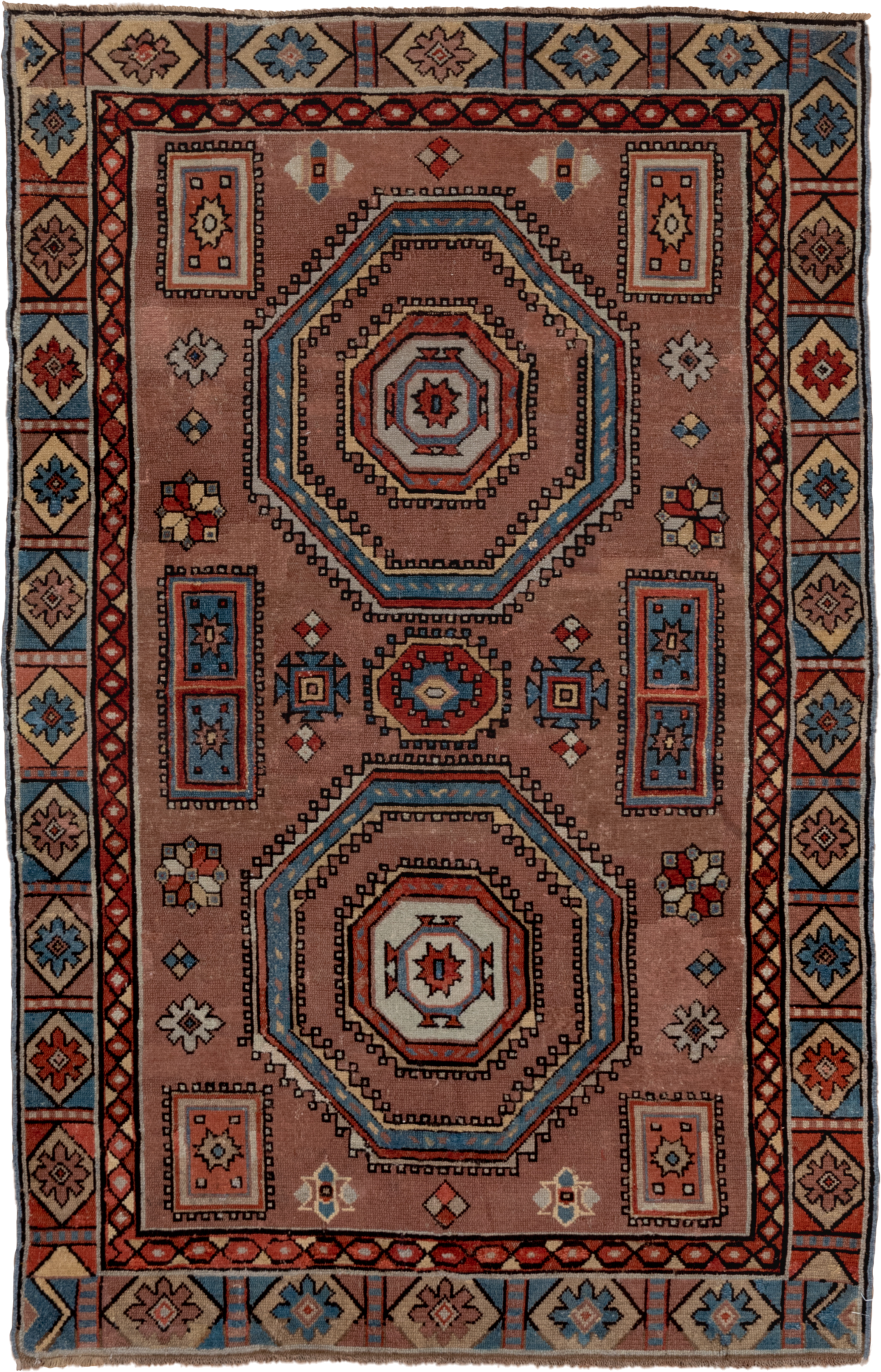 3' x 5' one-of-a-kind handmade antique Caucasian small size rug. Color palette: rose, ivory, sky_blue, rust, slate_blue