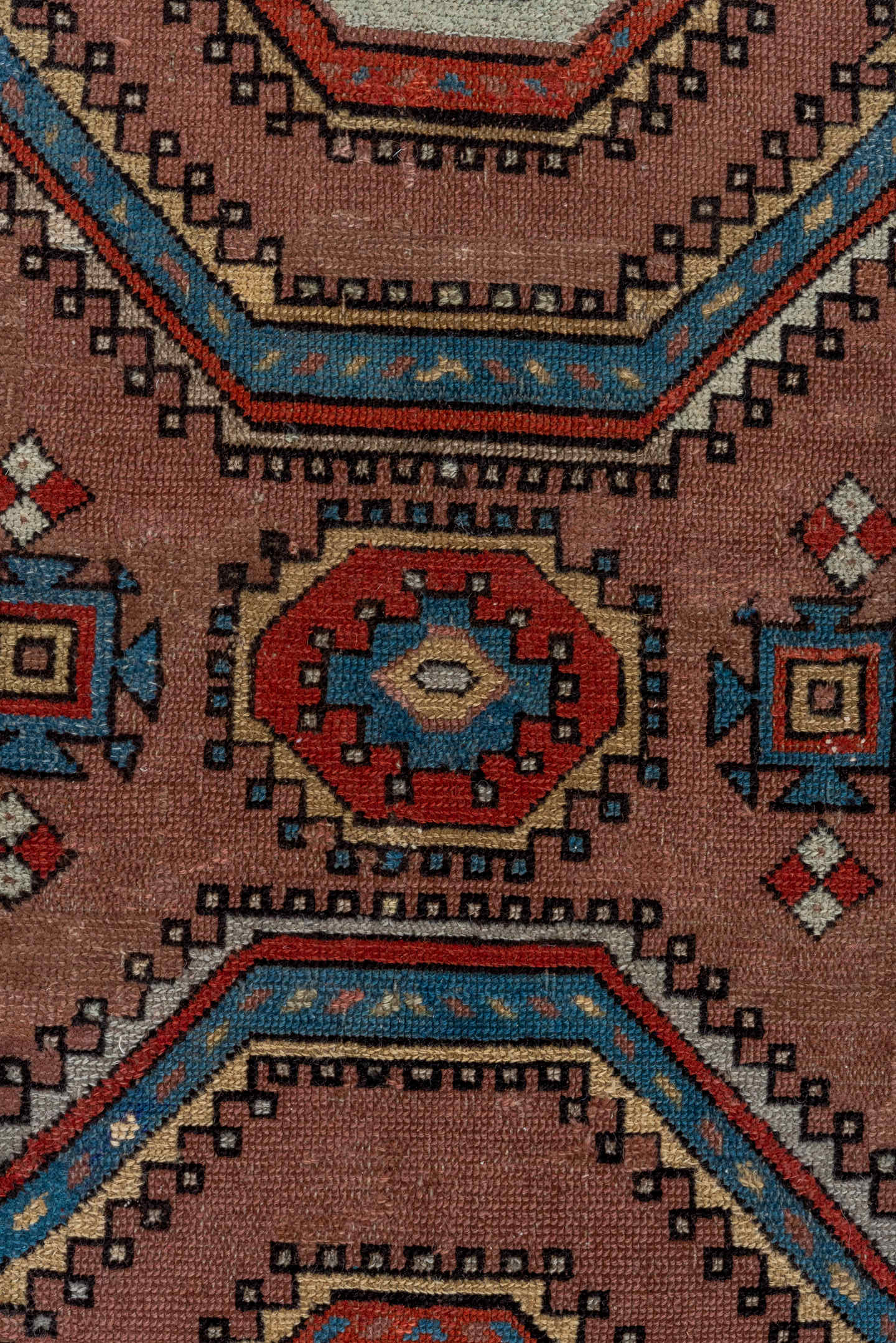 3' x 5' one-of-a-kind handmade antique Caucasian small size rug. Color palette: rose, ivory, sky_blue, rust, slate_blue