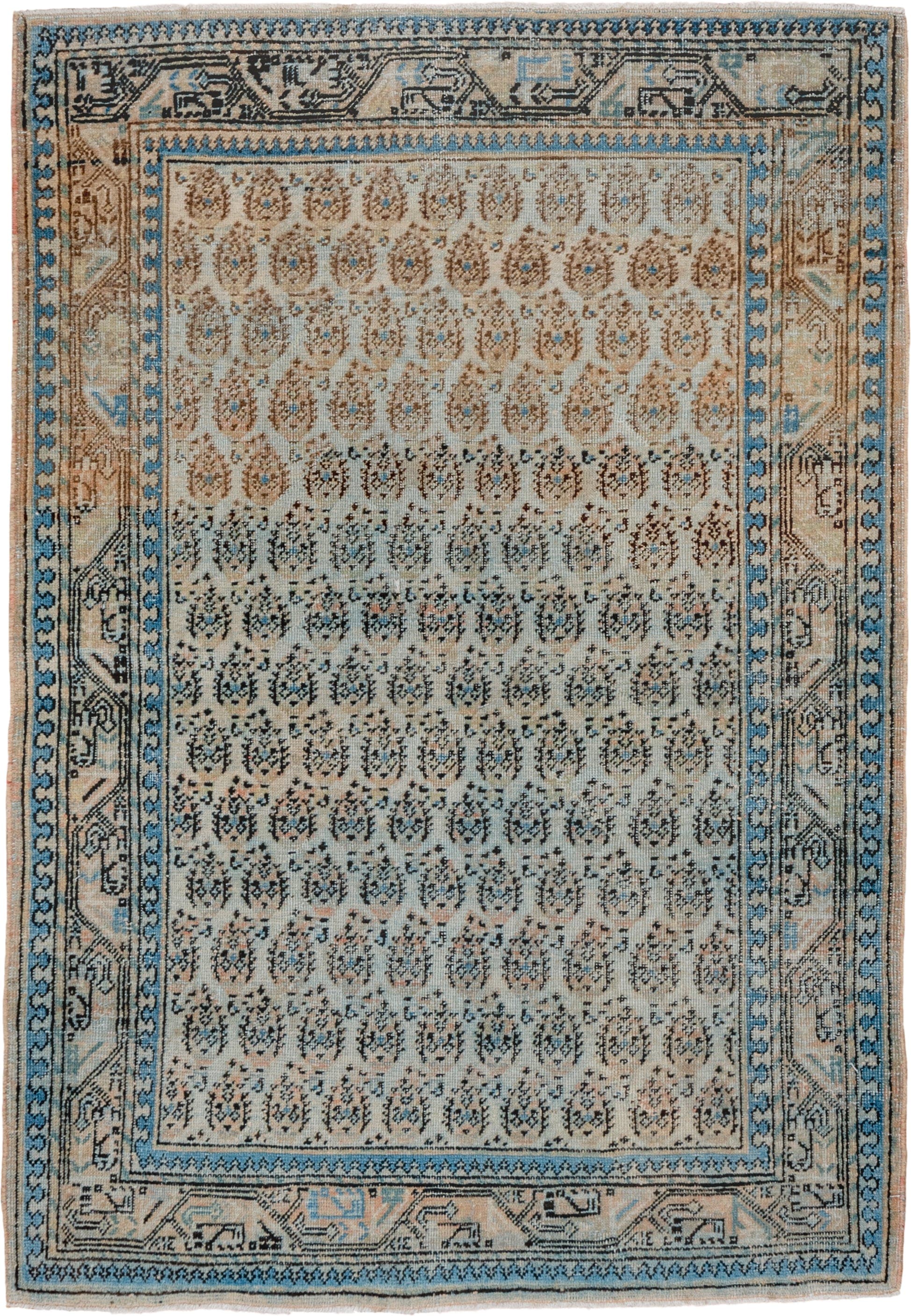 3' x 5' one-of-a-kind handmade antique Sivas small size rug. Color palette: ivory, sky blue, taupe, camel, charcoal, tan