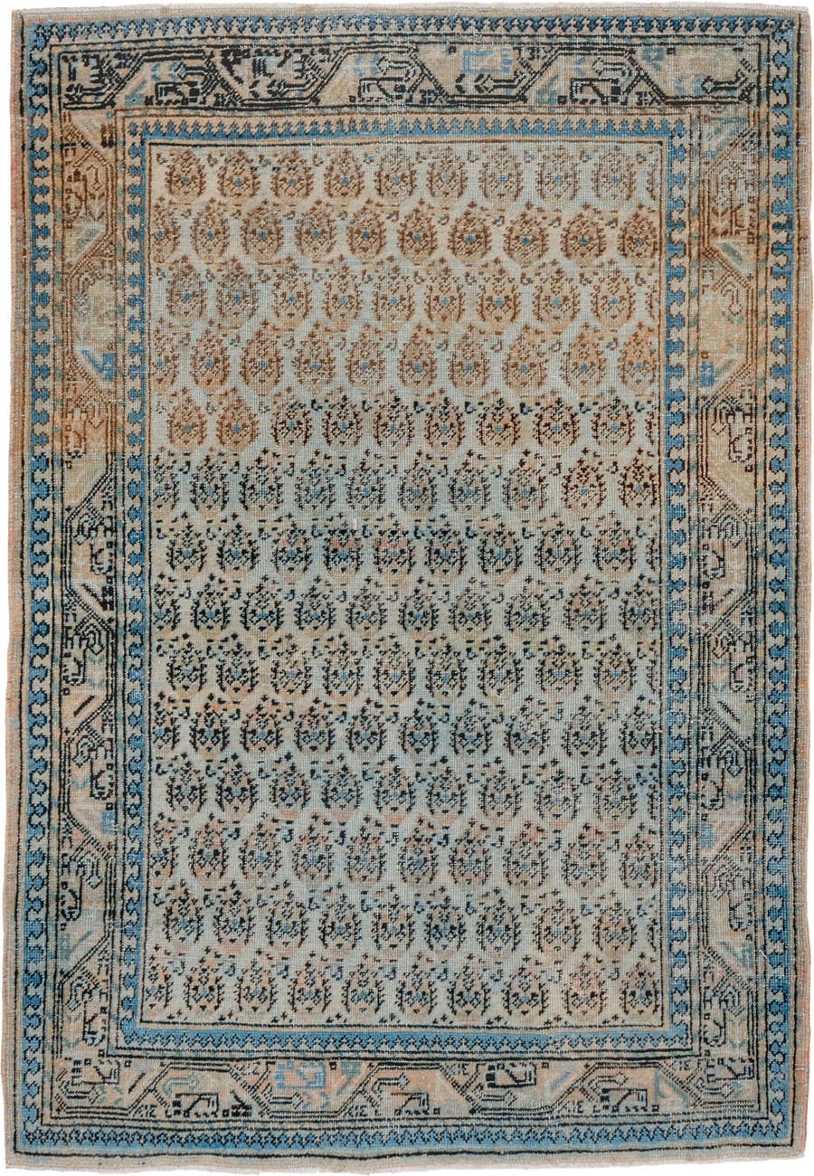 3' x 5' one-of-a-kind handmade antique Sivas small size rug. Color palette: ivory, sky blue, taupe, camel, charcoal, tan