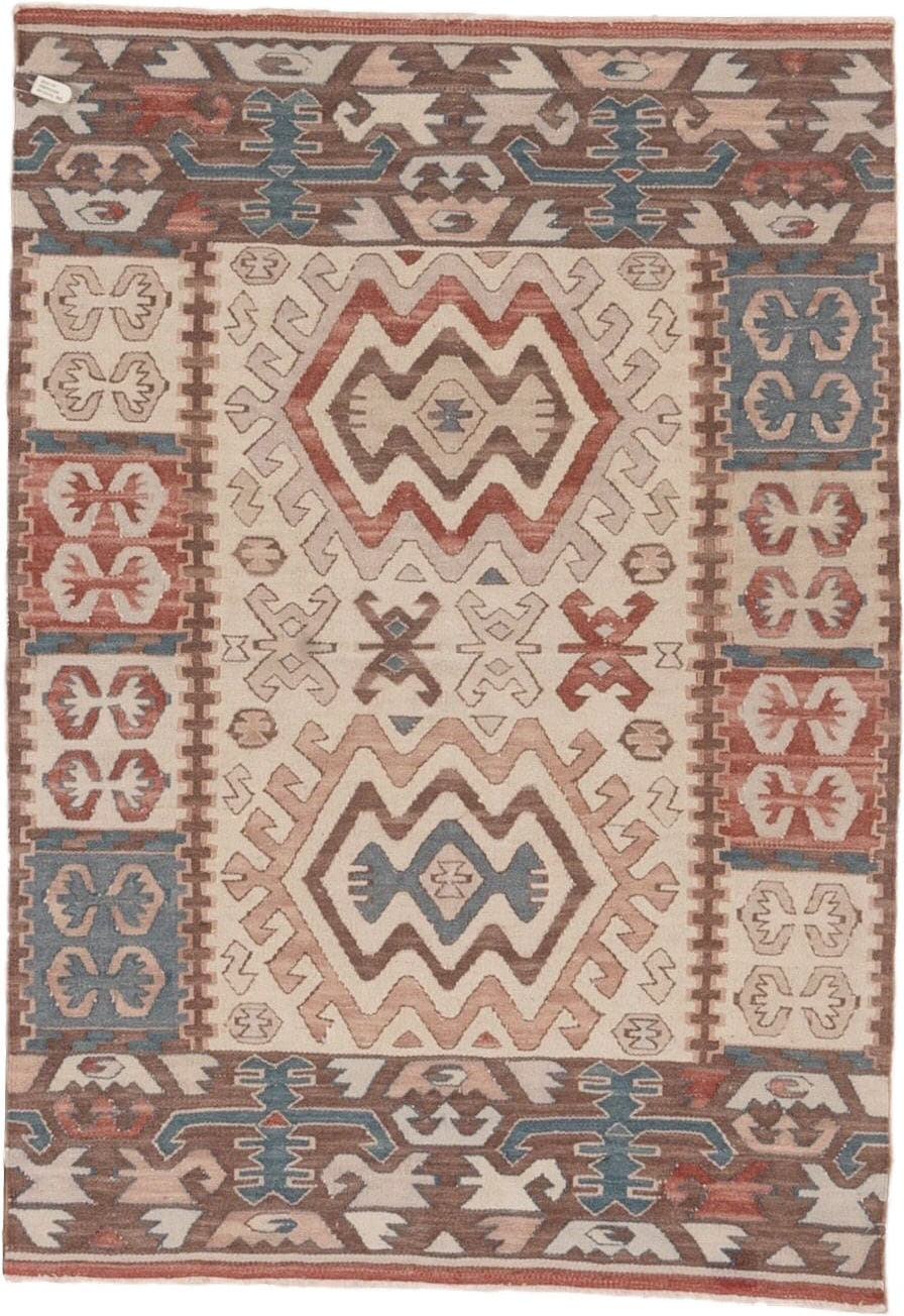 2' x 4' one-of-a-kind handmade antique Kilim small size rug. Color palette: ivory, brown, rust, blue, taupe, rose