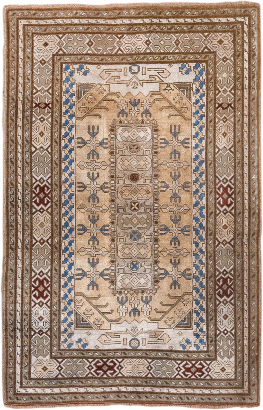2' x 4' one-of-a-kind handmade vintage Sivas small size rug. Color palette: ivory, taupe, camel, brown, blue, rust, beige