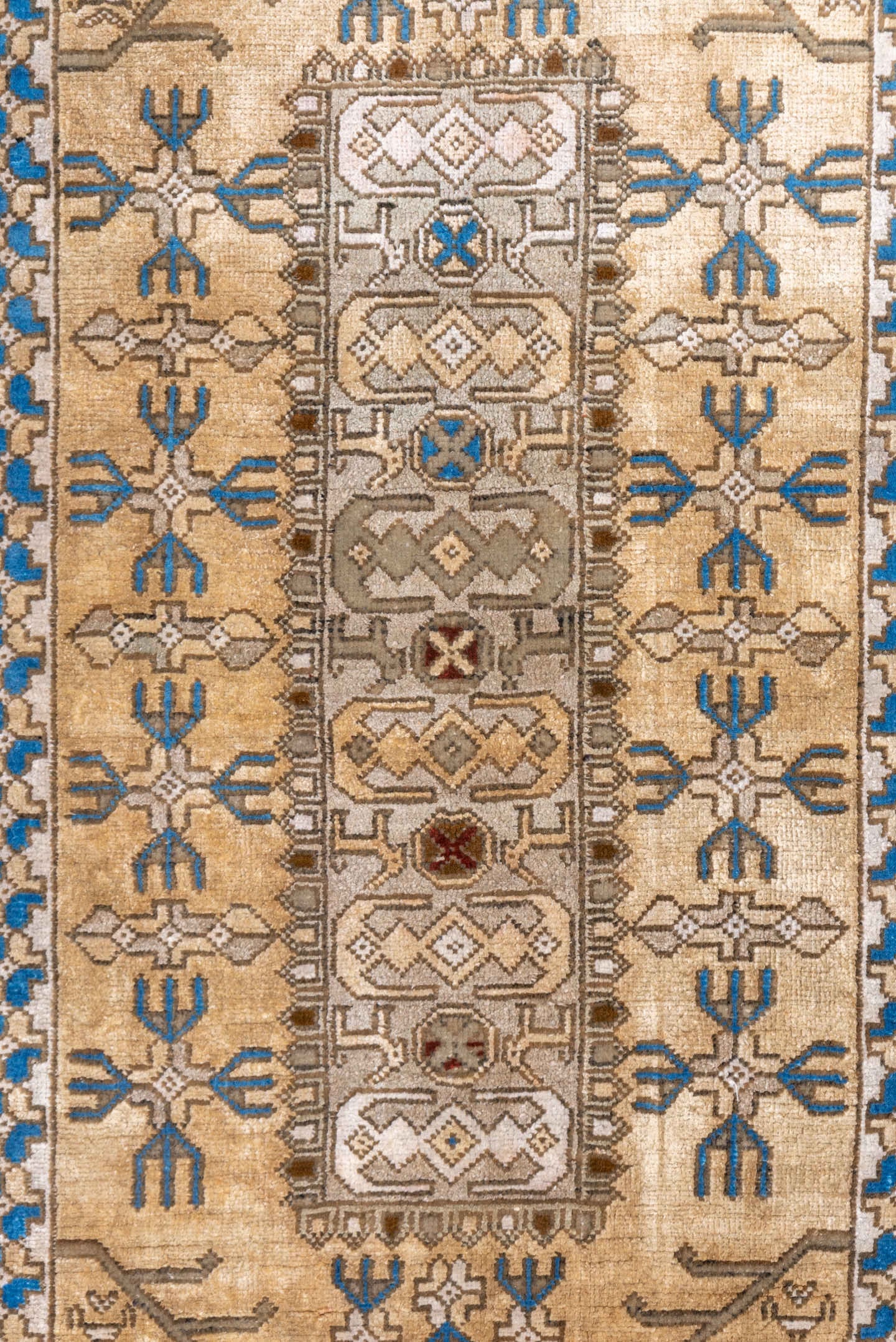2' x 4' one-of-a-kind handmade vintage Sivas small size rug. Color palette: ivory, taupe, camel, brown, blue, rust, beige