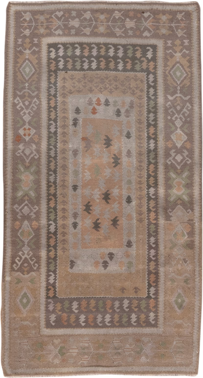 3' x 5' one-of-a-kind handmade antique Belouch small size rug. Color palette: taupe, camel, ivory, sage, terra cotta