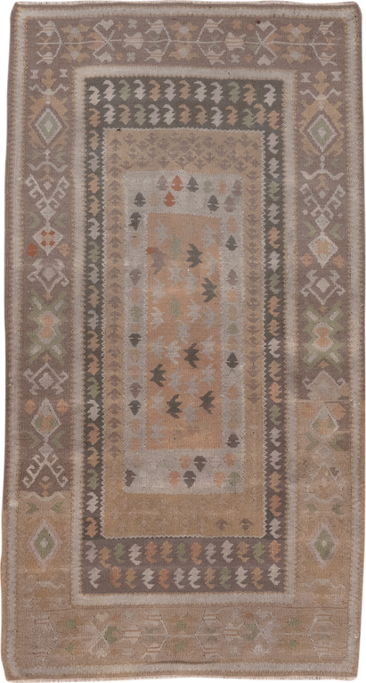 3' x 5' one-of-a-kind handmade antique Belouch small size rug. Color palette: taupe, camel, ivory, sage, terra cotta
