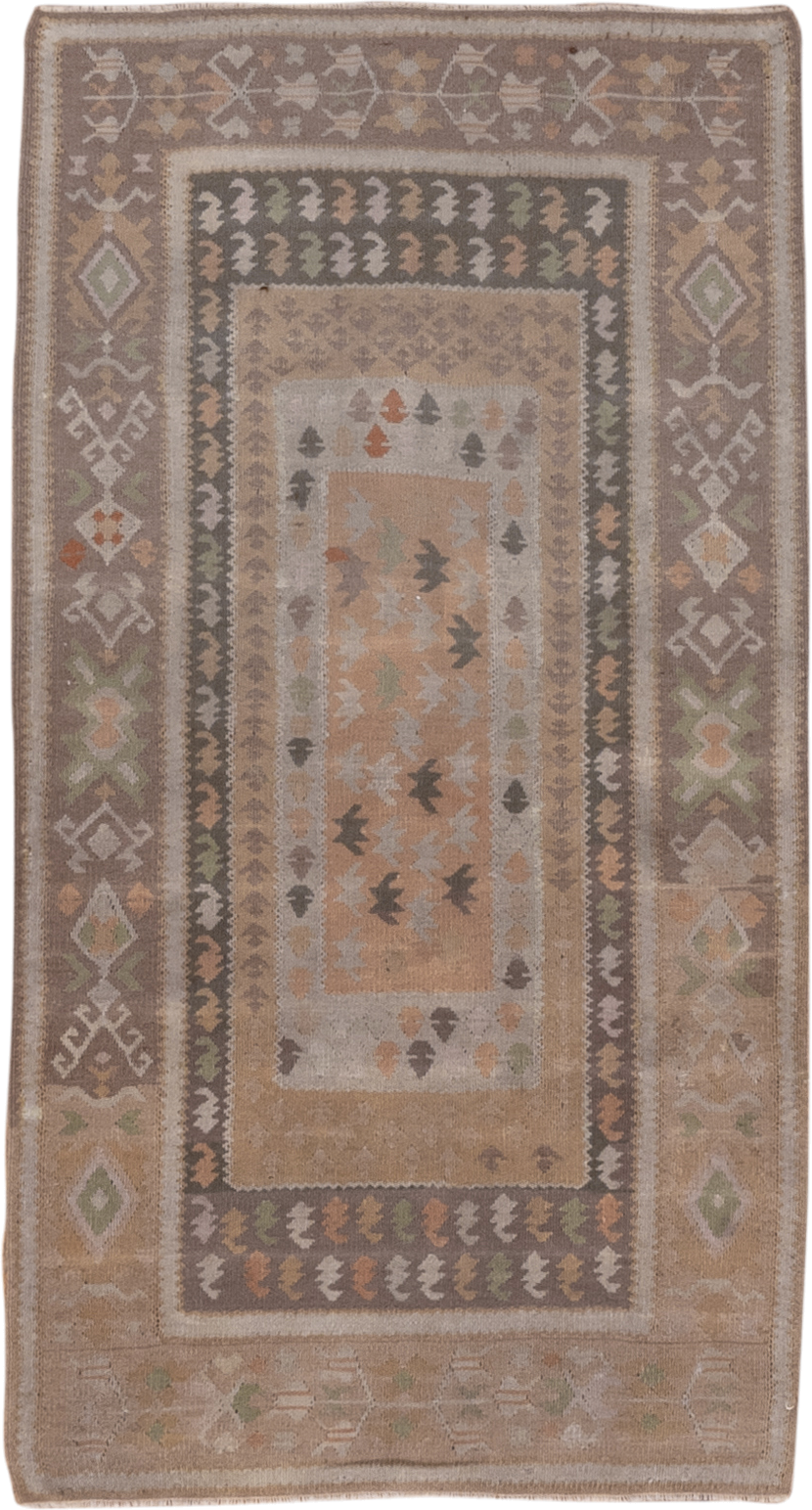 3' x 5' one-of-a-kind handmade antique Belouch small size rug. Color palette: taupe, camel, ivory, sage, terra cotta