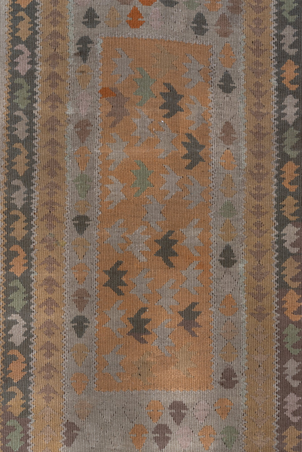 3' x 5' one-of-a-kind handmade antique Belouch small size rug. Color palette: taupe, camel, ivory, sage, terra cotta