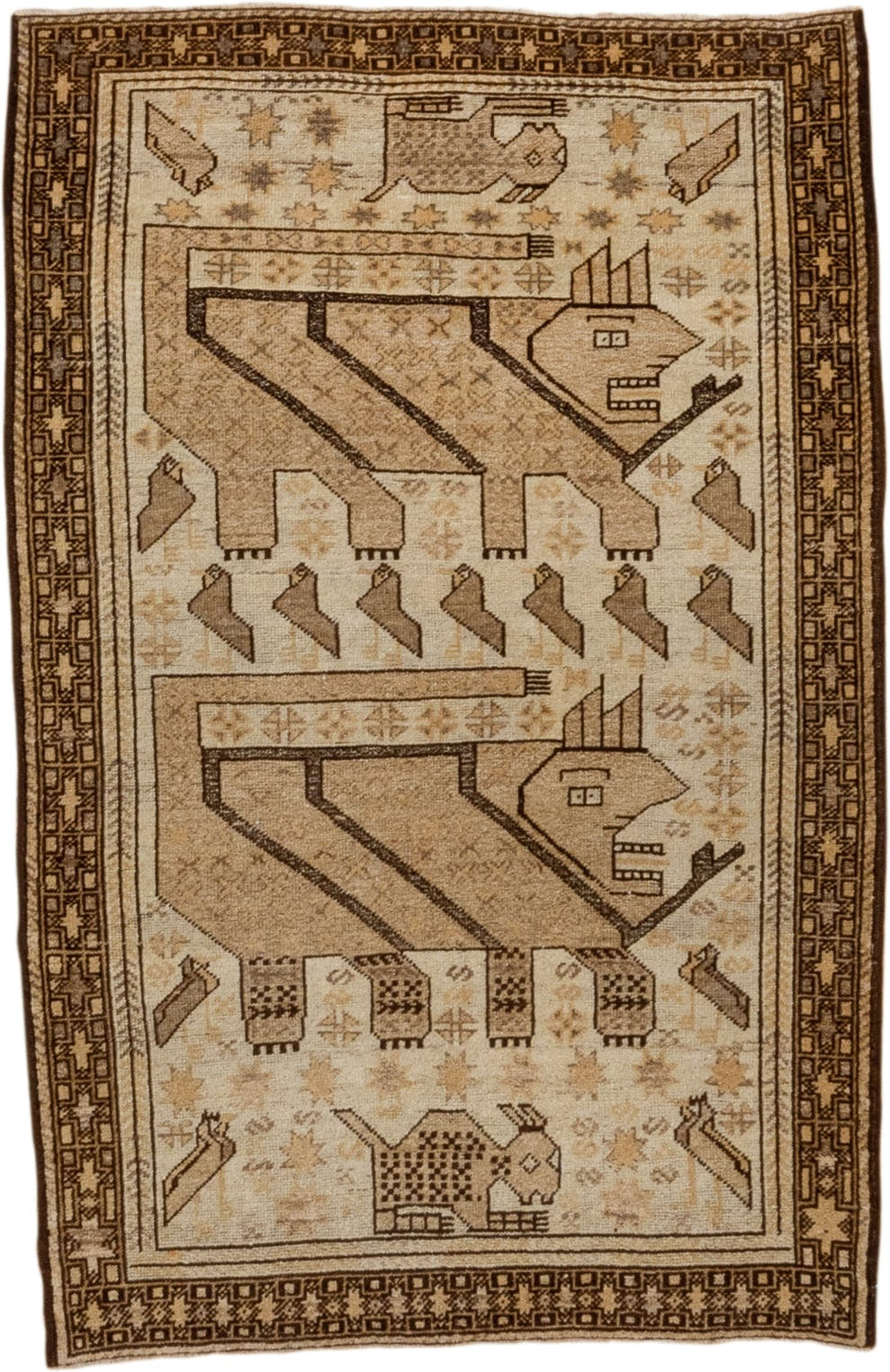 3' x 4' one-of-a-kind handmade antique Belouch small size rug. Color palette: camel, brown, ivory, taupe, charcoal, beige