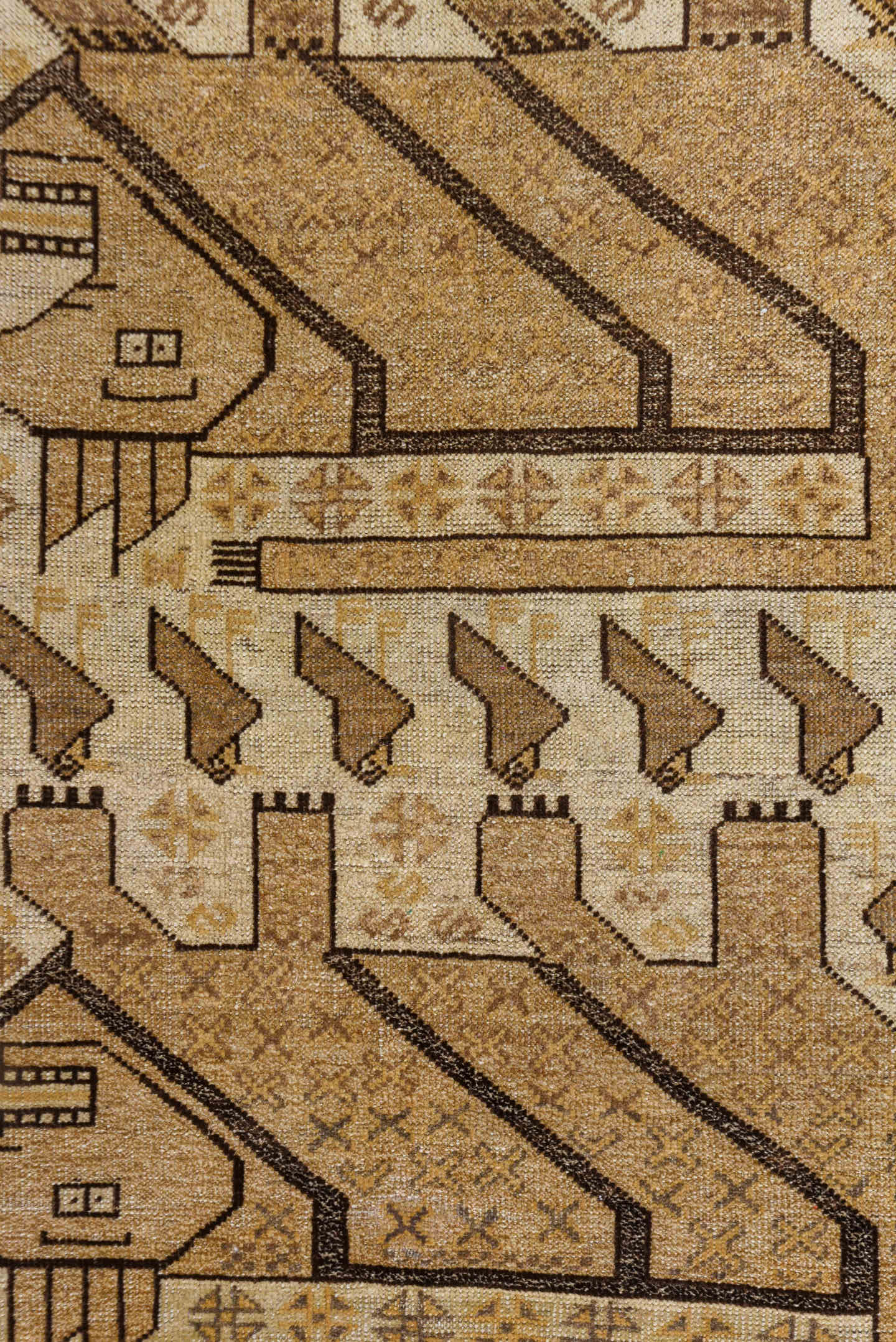 3' x 4' one-of-a-kind handmade antique Belouch small size rug. Color palette: camel, brown, ivory, taupe, charcoal, beige