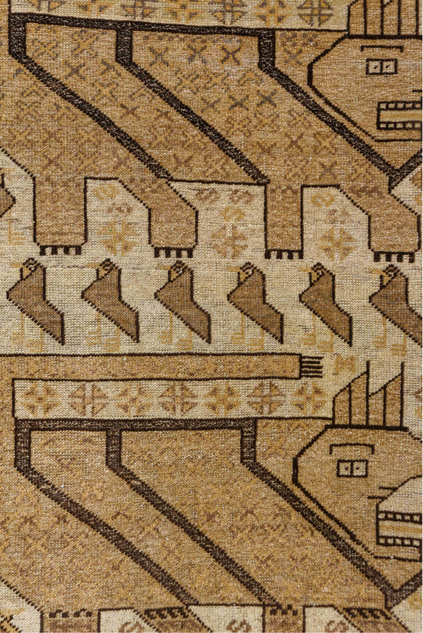 3' x 4' one-of-a-kind handmade vintage Belouch small size rug. Color palette: brown, gray, light gray, off-white