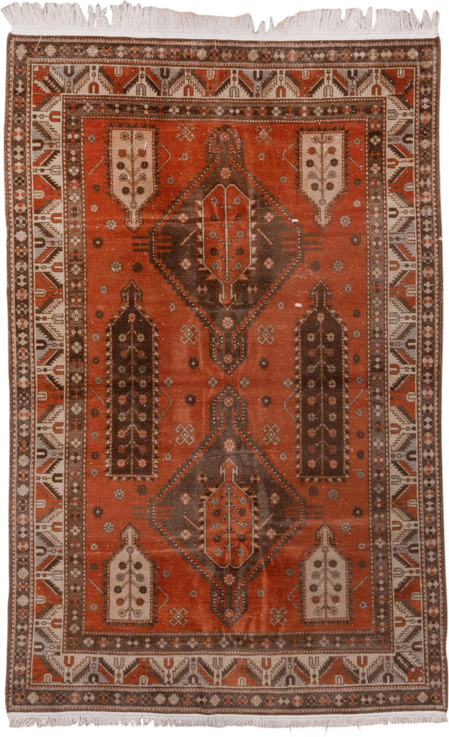 4' x 7' one-of-a-kind handmade vintage Caucasian rug. Color palette: terra cotta, ivory, brown, rust, taupe, charcoal, camel