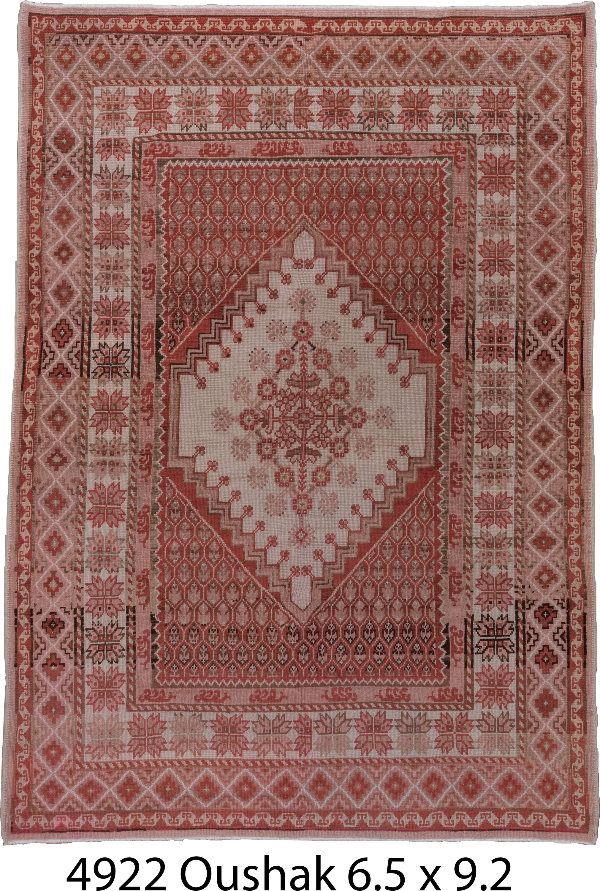 6' x 9' one-of-a-kind handmade antique Oushak medium size rug. Color palette: rose, terracotta, ivory, dusty pink, taupe