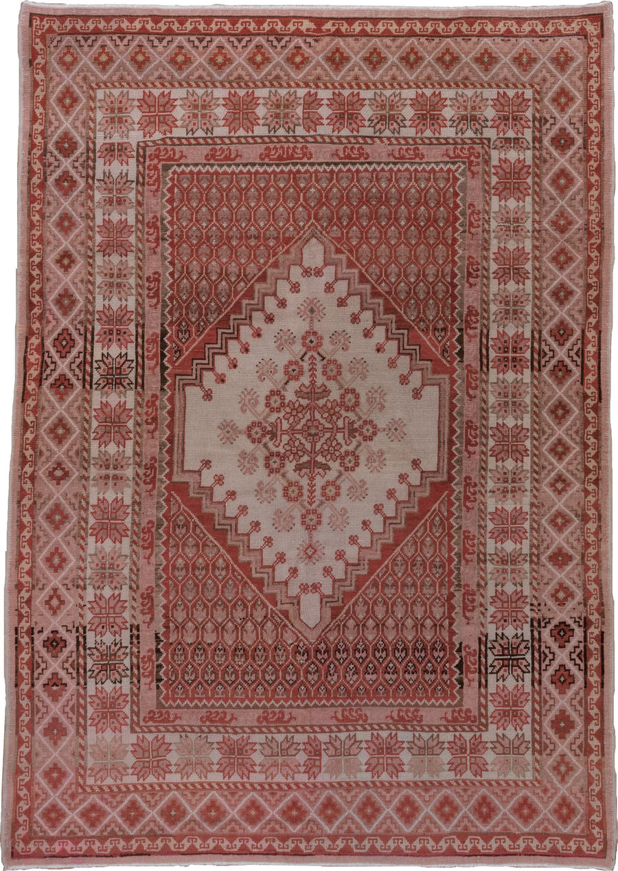 6' x 9' one-of-a-kind handmade antique Oushak medium size rug. Color palette: rose, terracotta, ivory, dusty pink, taupe