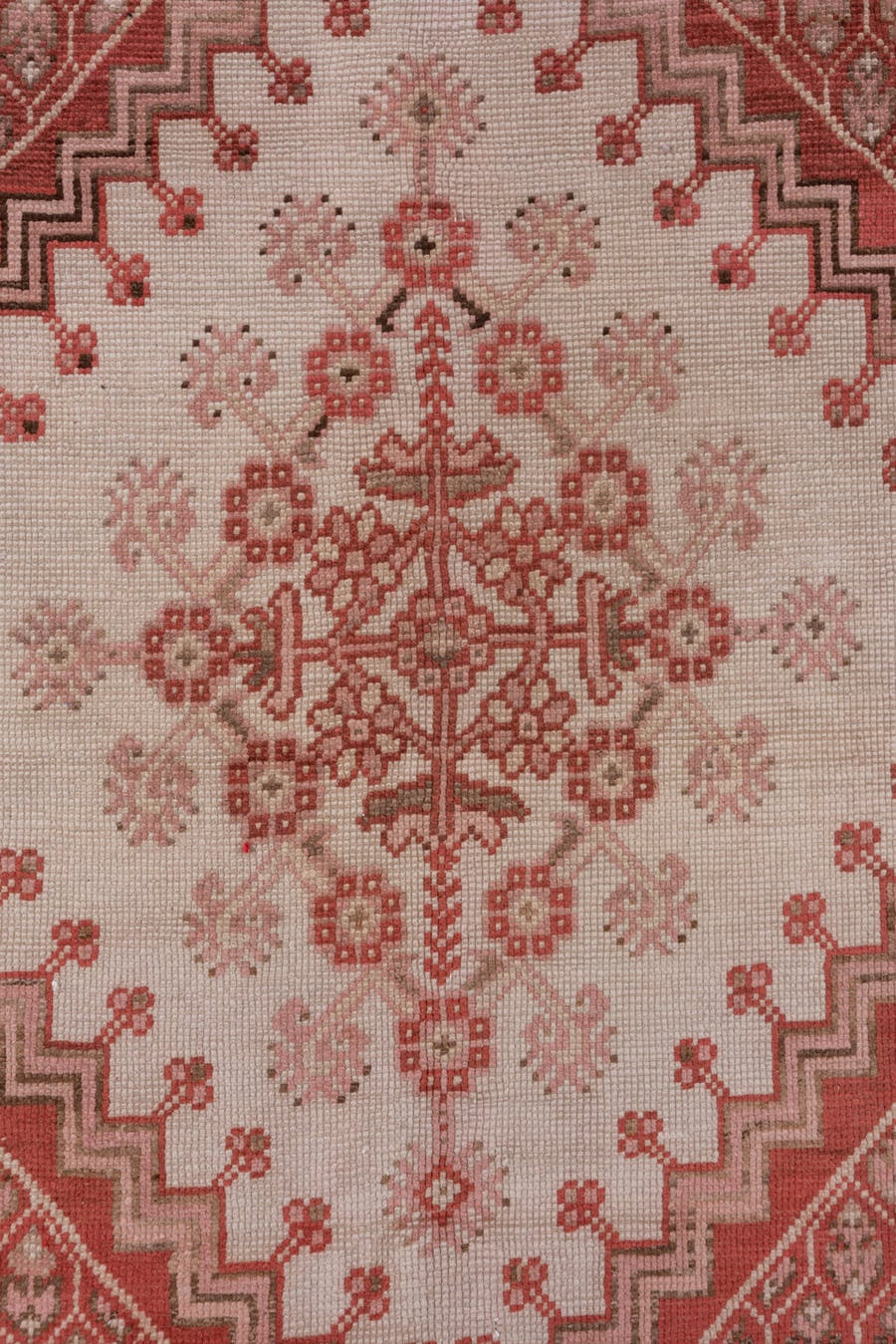 6' x 9' one-of-a-kind handmade antique Oushak medium size rug. Color palette: rose, terracotta, ivory, dusty pink, taupe