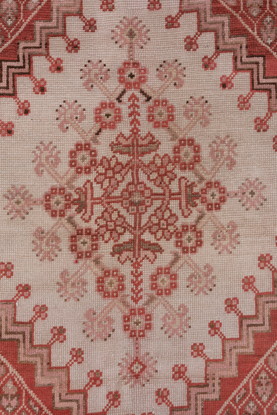 6' x 9' one-of-a-kind handmade antique Oushak medium size rug. Color palette: rose, terracotta, ivory, dusty pink, taupe
