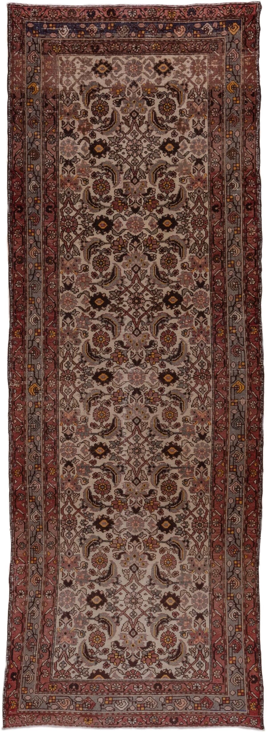 3' x 10' one-of-a-kind handmade antique Malayer runner rug. Color palette: ivory, rust, rose, slate, burgundy, taupe, gold
