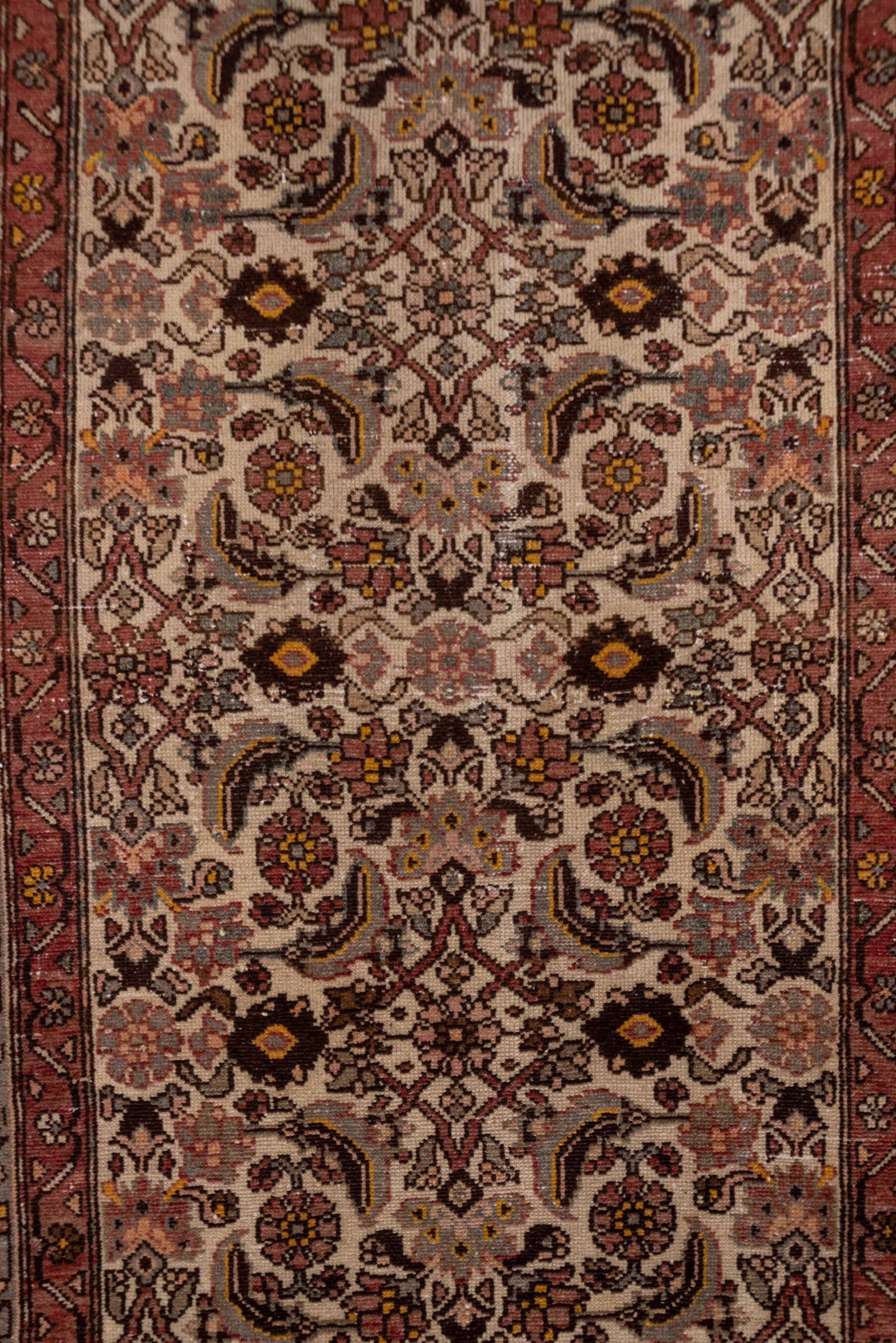 3' x 10' one-of-a-kind handmade antique Malayer runner rug. Color palette: ivory, rust, rose, slate, burgundy, taupe, gold