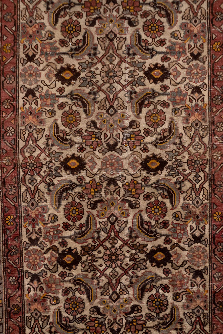 3' x 10' one-of-a-kind handmade antique Malayer runner rug. Color palette: ivory, rust, rose, slate, burgundy, taupe, gold