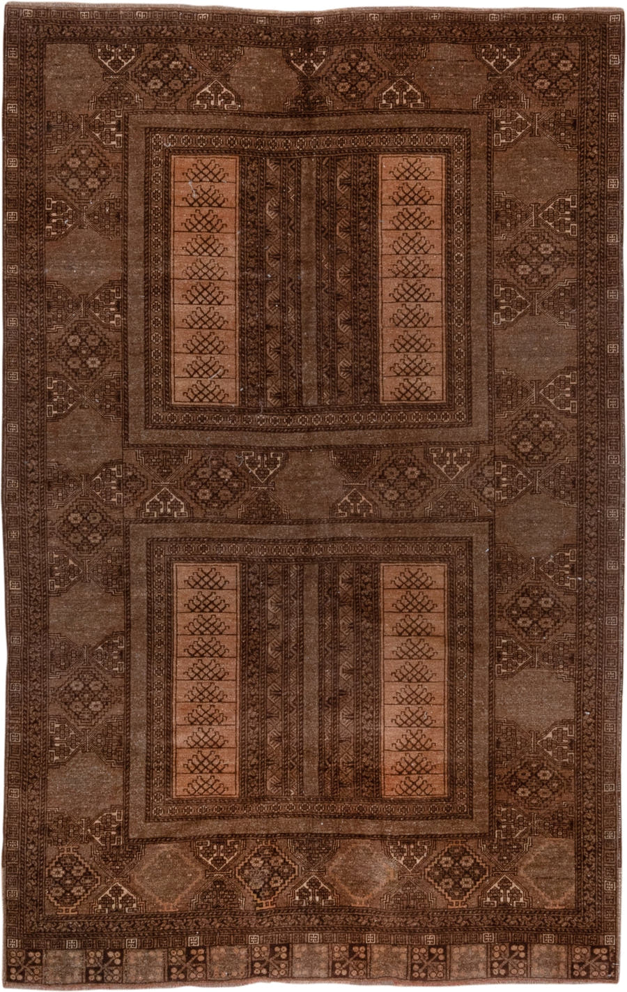 5' x 8' one-of-a-kind handmade antique Afghan medium size rug. Color palette: brown, camel, taupe, mahogany, tan, charcoal