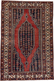 4' x 6' one-of-a-kind handmade antique Malayer small size rug. Color palette: rust, ivory, navy, burgundy, sky_blue, camel