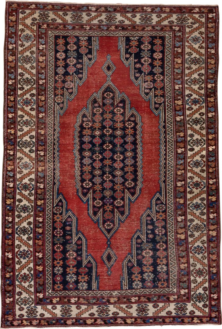 4' x 6' one-of-a-kind handmade antique Malayer small size rug. Color palette: rust, ivory, navy, burgundy, sky_blue, camel