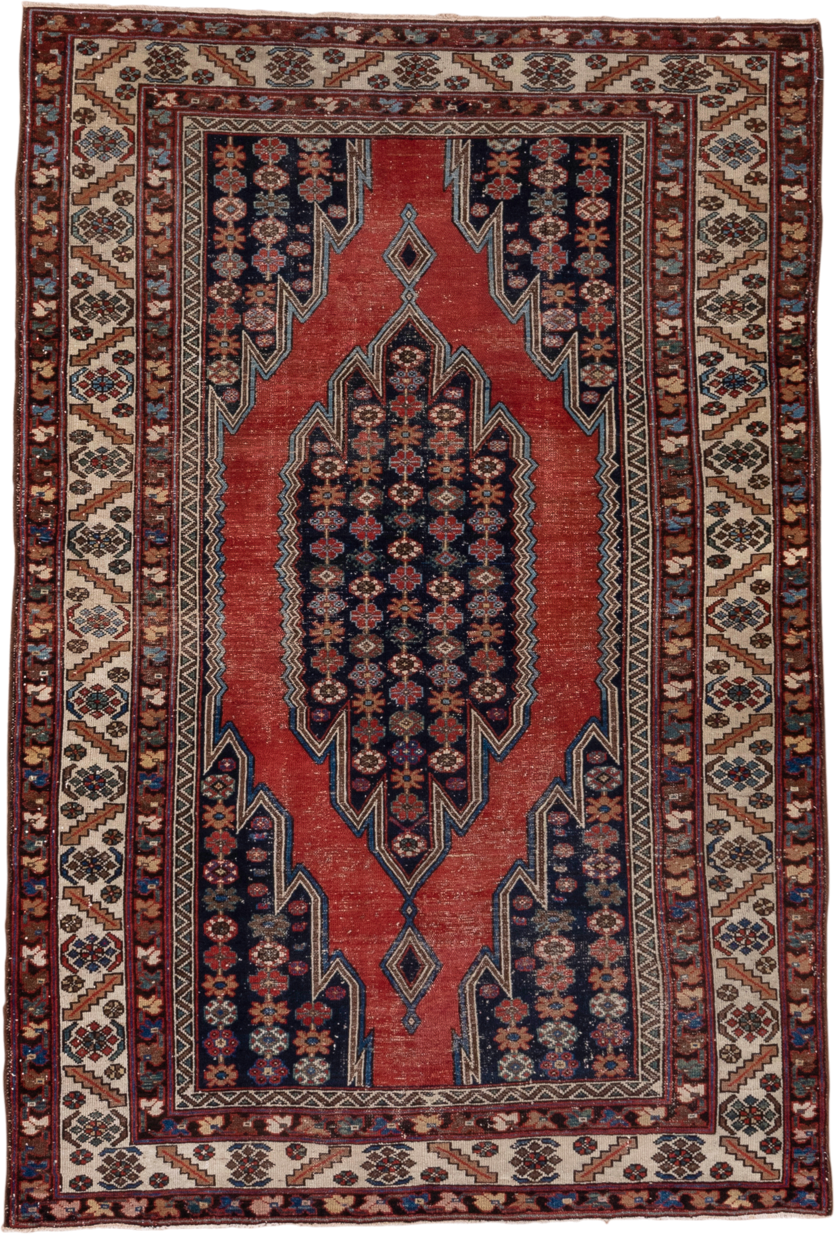 4' x 6' one-of-a-kind handmade antique Malayer small size rug. Color palette: rust, ivory, navy, burgundy, sky_blue, camel