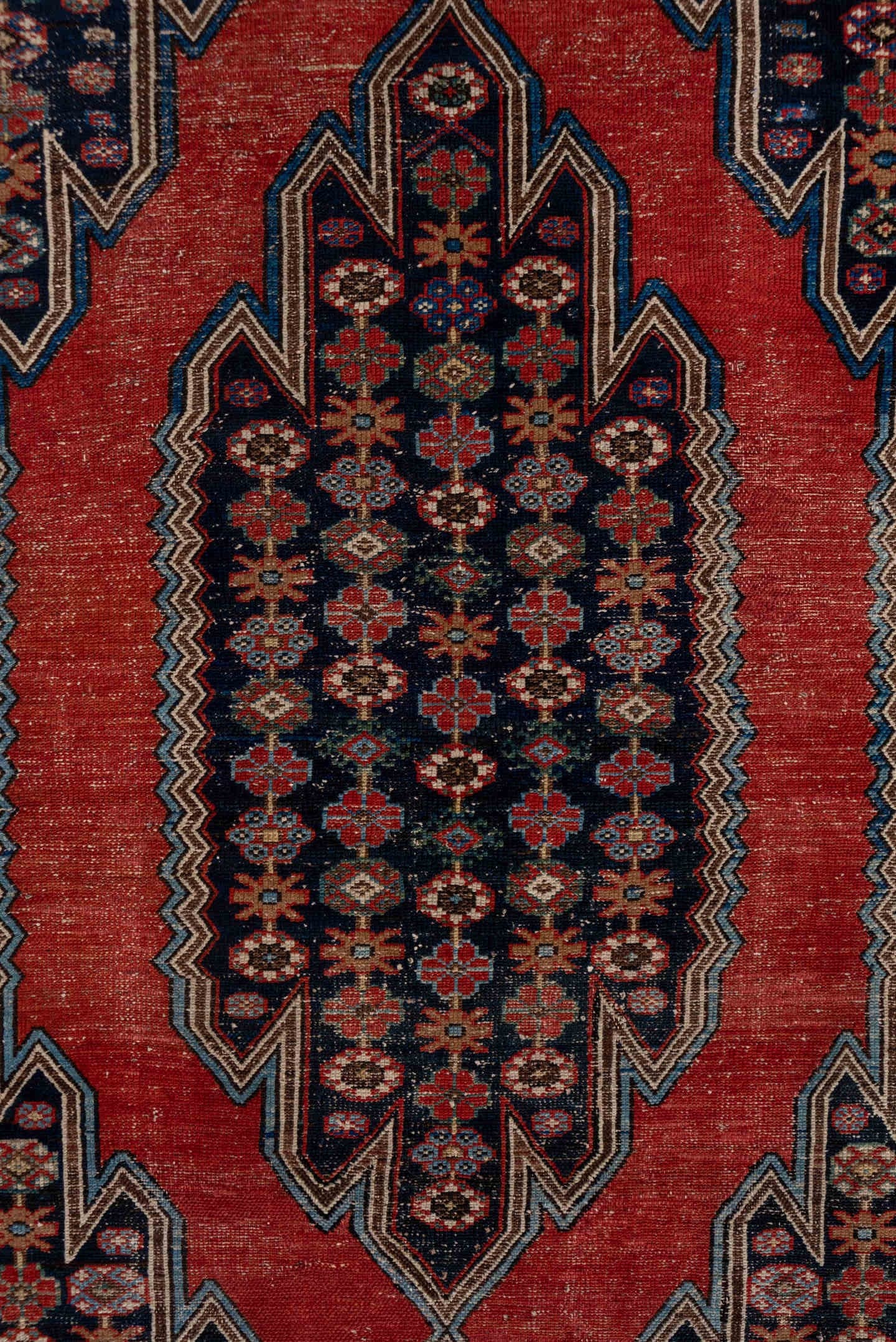 4' x 6' one-of-a-kind handmade antique Malayer small size rug. Color palette: rust, ivory, navy, burgundy, sky_blue, camel