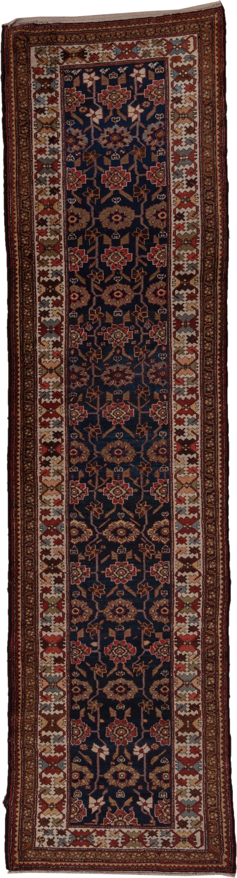 3' x 12' one-of-a-kind handmade antique Malayer runner rug. Color palette: navy, ivory, rust, camel, burgundy, taupe, brown