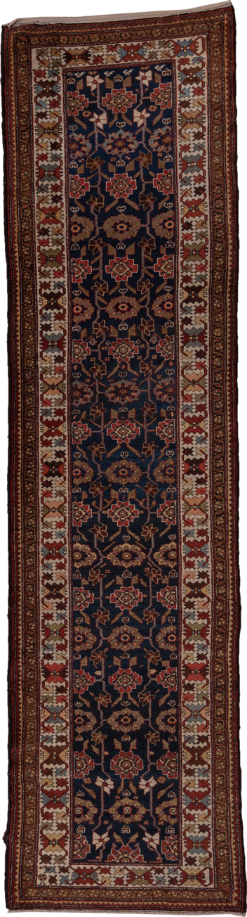 3' x 12' one-of-a-kind handmade antique Malayer runner rug. Color palette: navy, ivory, rust, camel, burgundy, taupe, brown